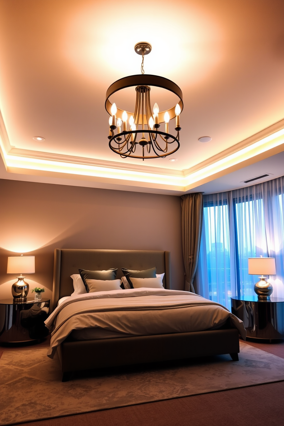 A modern condo bedroom featuring sleek floating shelves that provide additional storage while maintaining an open feel. The walls are painted in a soft gray tone, complemented by a cozy bed dressed in neutral linens and accented with colorful throw pillows.