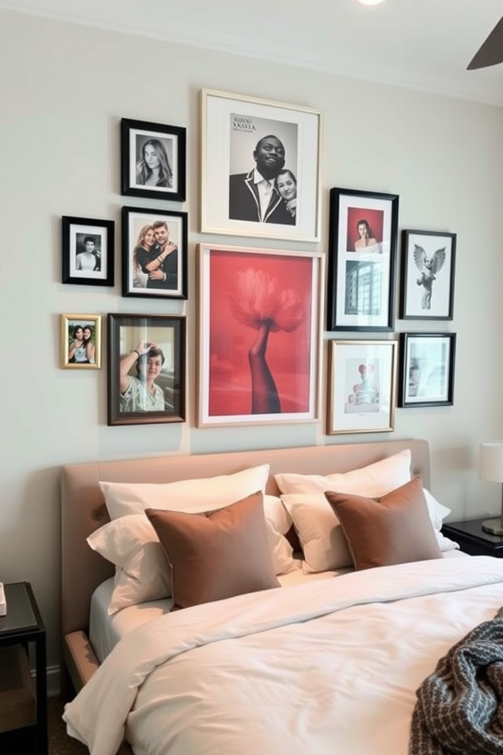 Create a gallery wall featuring a mix of personal artwork and framed photographs. The wall should be painted in a soft neutral color to enhance the vibrancy of the art pieces. Incorporate various frame styles and sizes to add visual interest and depth. Position the gallery wall above a sleek, modern bed with plush bedding and decorative pillows.