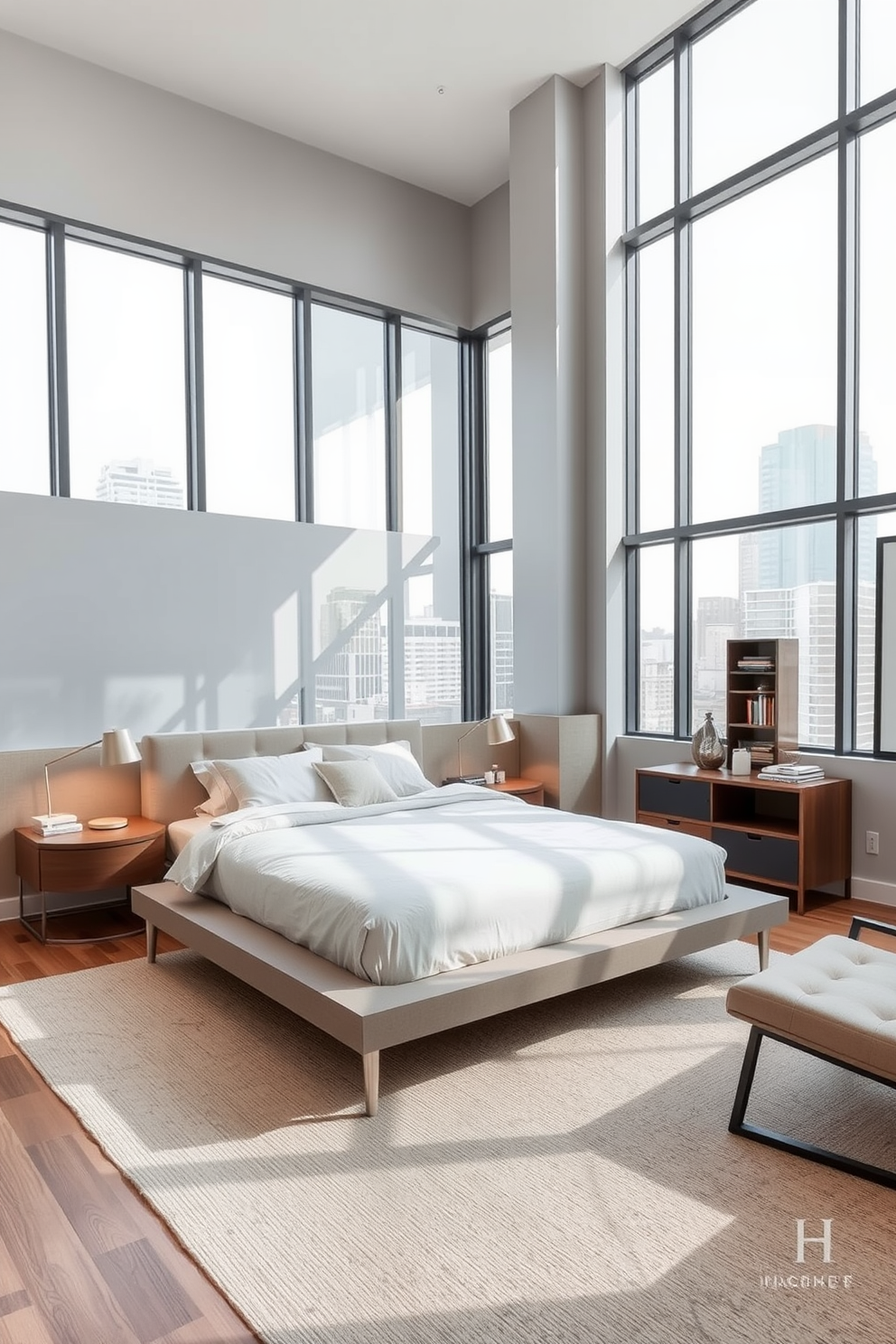 A cozy condo bedroom featuring layered rugs that add texture and warmth to the space. The bed is dressed in soft, neutral linens with an oversized throw blanket draped at the foot, creating an inviting atmosphere. Natural light floods the room through large windows, illuminating the warm wood tones of the furniture. A stylish bedside table holds a modern lamp and a few decorative items, enhancing the overall aesthetic.