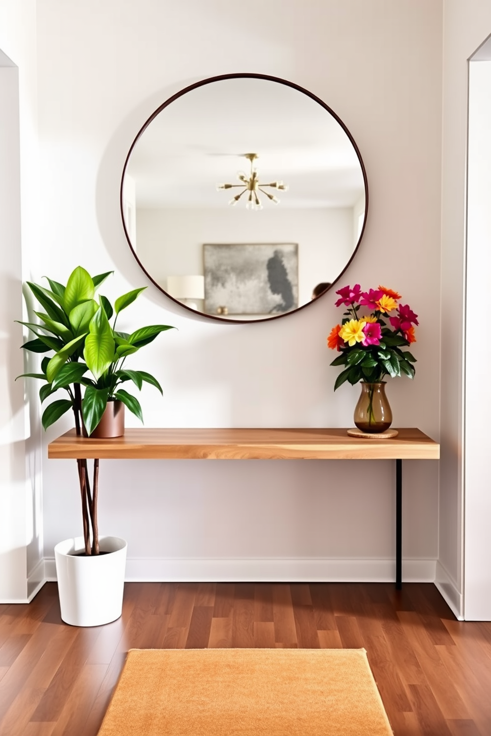 A stylish condo entryway featuring a sleek console table made of reclaimed wood. Above the table, a large round mirror reflects natural light, enhancing the space's openness. Flanking the console are two potted plants, one with lush green leaves and the other with vibrant flowers, adding a touch of nature. The walls are painted in a soft neutral tone, and a cozy runner rug in warm colors leads into the living area.