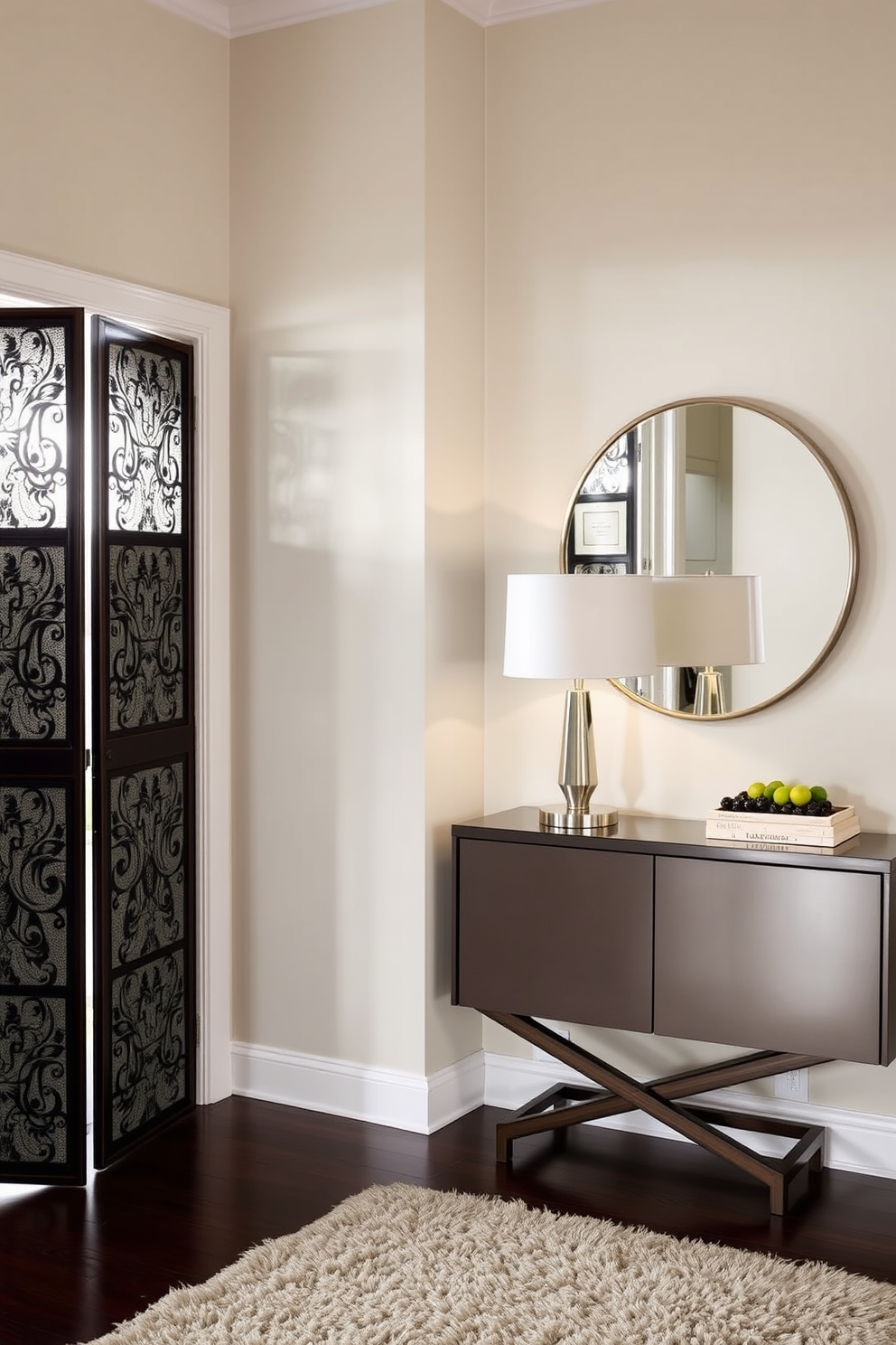 A chic condo entryway featuring a stylish folding screen that provides privacy while enhancing the space. The screen is adorned with intricate patterns and is positioned beside a sleek console table with a modern lamp on top. The walls are painted in a soft neutral tone, creating a welcoming atmosphere. A plush area rug lies beneath the console, adding warmth and texture to the entryway.