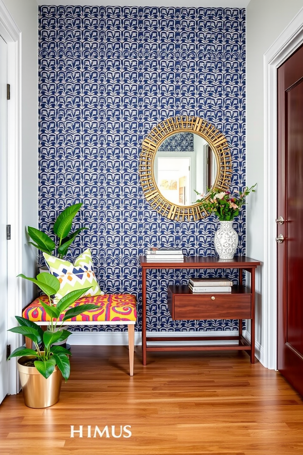 A stylish condo entryway features bold wallpaper with a geometric pattern that immediately captures attention. The space includes a sleek console table in a rich wood finish, adorned with a decorative mirror above it. To the left, a cozy seating nook is created with a modern bench upholstered in a vibrant fabric. Potted plants flank the entryway, adding a touch of greenery and warmth to the design.