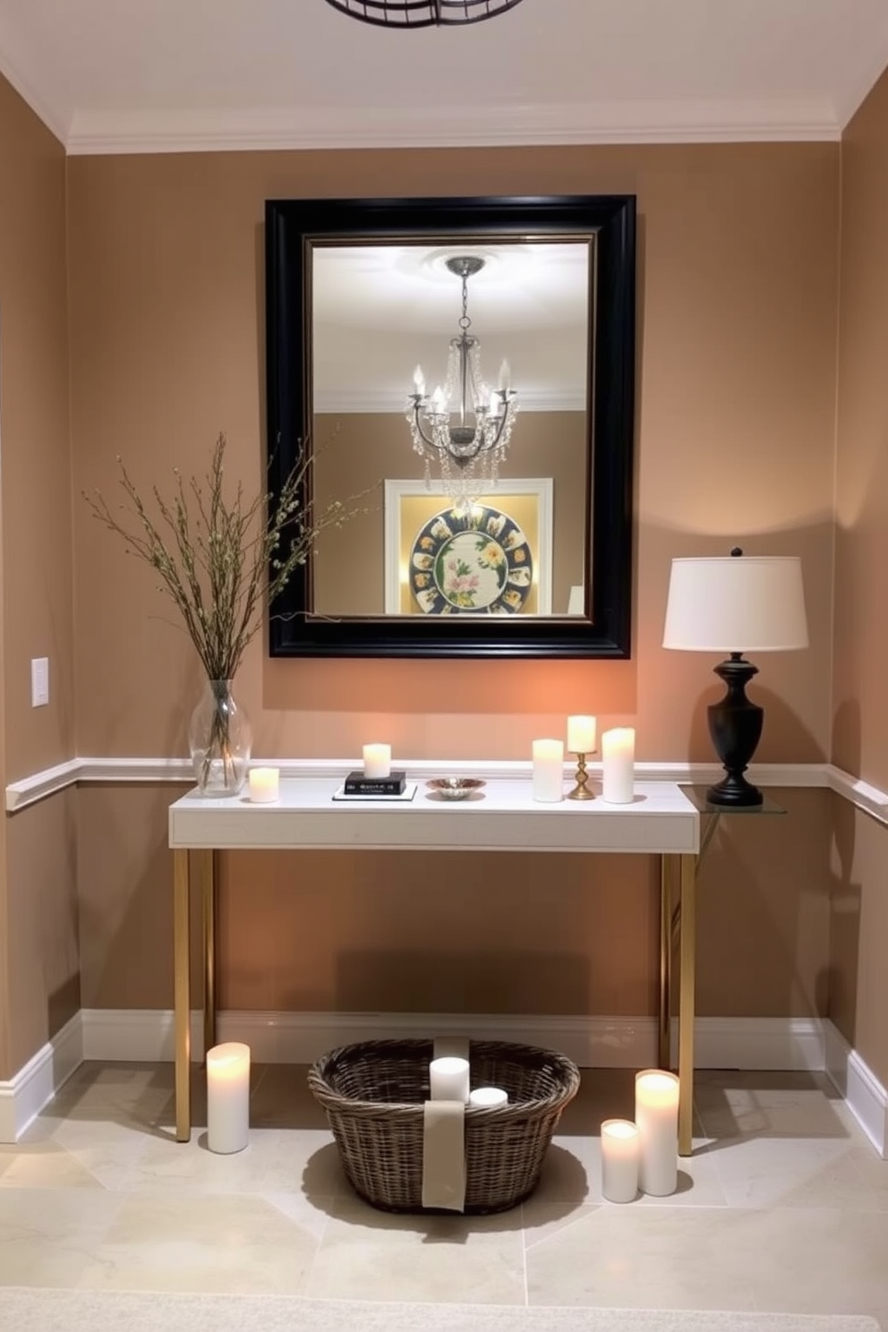 Create a welcoming entry featuring soft ambient lighting provided by strategically placed candles. The walls are painted in a warm neutral tone, and a stylish console table is adorned with decorative objects and a large mirror above it.