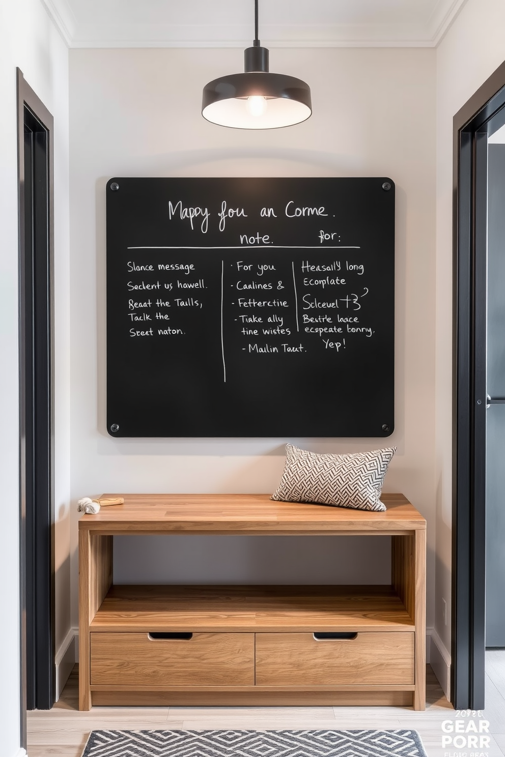 A stylish condo entryway featuring a sleek black chalkboard mounted on the wall for messages and notes. The space is illuminated by a modern pendant light, and a small bench with storage sits beneath the chalkboard for added functionality.