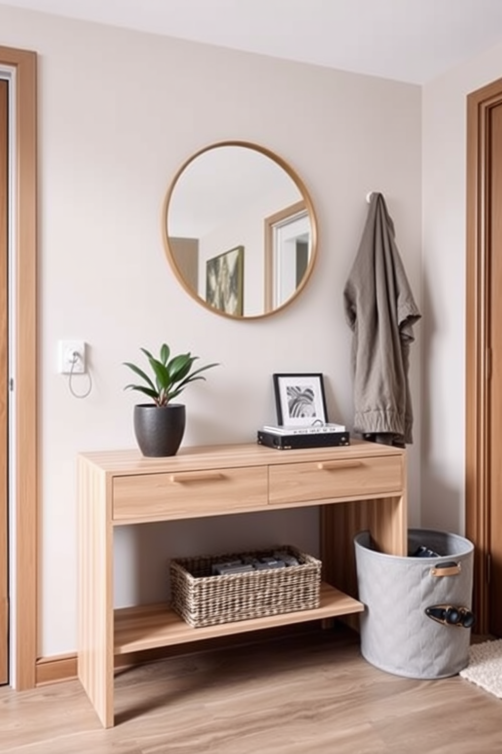 A stylish condo entryway features a sleek console table made of light wood, adorned with a small potted plant and a decorative mirror above it. To the side, a color-coordinated storage basket in soft gray holds items like shoes and accessories, blending seamlessly with the neutral color palette of the walls.