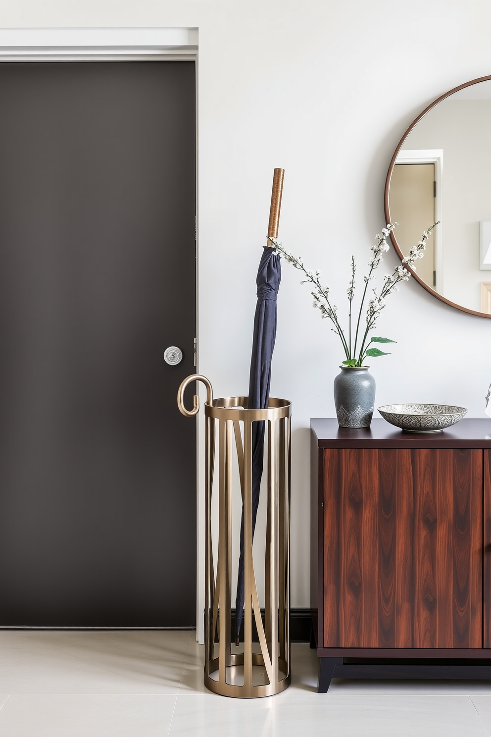 A stylish condo entryway features a sleek decorative umbrella stand made of brushed metal with a modern geometric design. The stand is positioned next to a minimalist console table adorned with a small potted plant and a decorative bowl for keys.