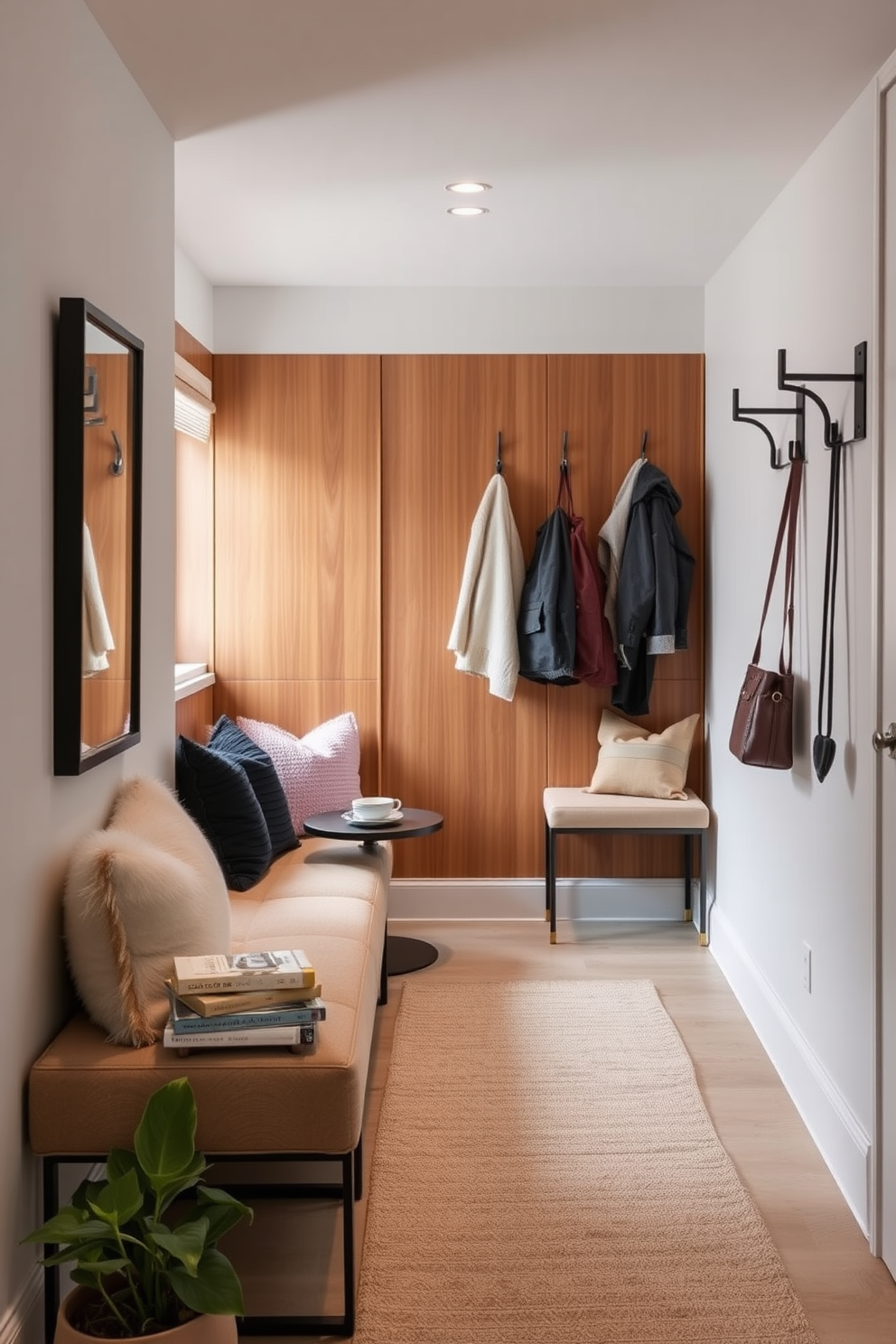 Bright potted plants are strategically placed in the condo entryway to create a refreshing and inviting atmosphere. The entryway features a sleek console table against the wall, adorned with a stylish lamp and decorative items that complement the greenery.