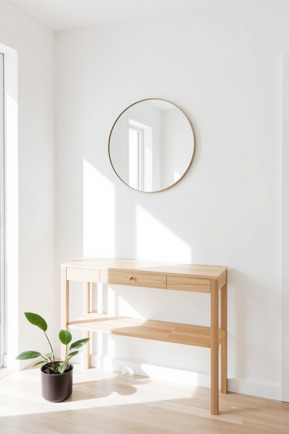 A minimalist condo entryway features a sleek console table made of light wood with clean lines. Above the table, a simple round mirror reflects natural light, enhancing the sense of space and openness. The walls are painted in a soft white hue, creating a bright and airy atmosphere. A single potted plant sits on the floor beside the entryway, adding a touch of greenery without overwhelming the design.