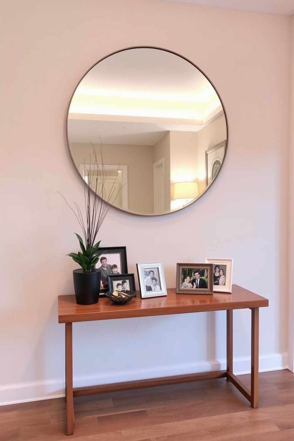 A stylish condo entryway features a foldable bench that seamlessly blends into the wall when not in use. The space is accented by a sleek coat rack and a compact shoe cabinet that maximizes functionality without sacrificing aesthetics. Natural light floods the area through a large window, highlighting the warm wood tones and soft color palette. A small potted plant adds a touch of greenery, creating an inviting atmosphere as guests enter the home.