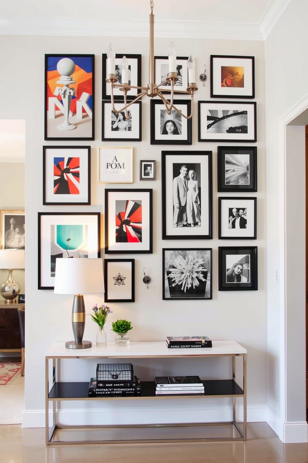 Create a gallery wall featuring a mix of framed art pieces in various sizes and styles. The wall is adorned with colorful abstract paintings and black and white photography, creating a dynamic focal point in the entryway. Incorporate a sleek console table below the gallery wall, topped with decorative items such as a stylish lamp and a small plant. The entryway is illuminated by a modern chandelier that adds warmth and sophistication to the space.