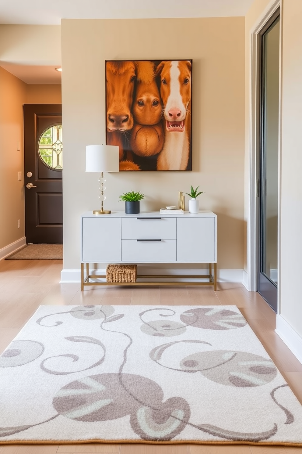 A stylish condo entryway featuring a unique area rug that adds warmth and character to the space. The walls are painted in a soft beige hue, complemented by a sleek console table adorned with decorative accents and a small potted plant.