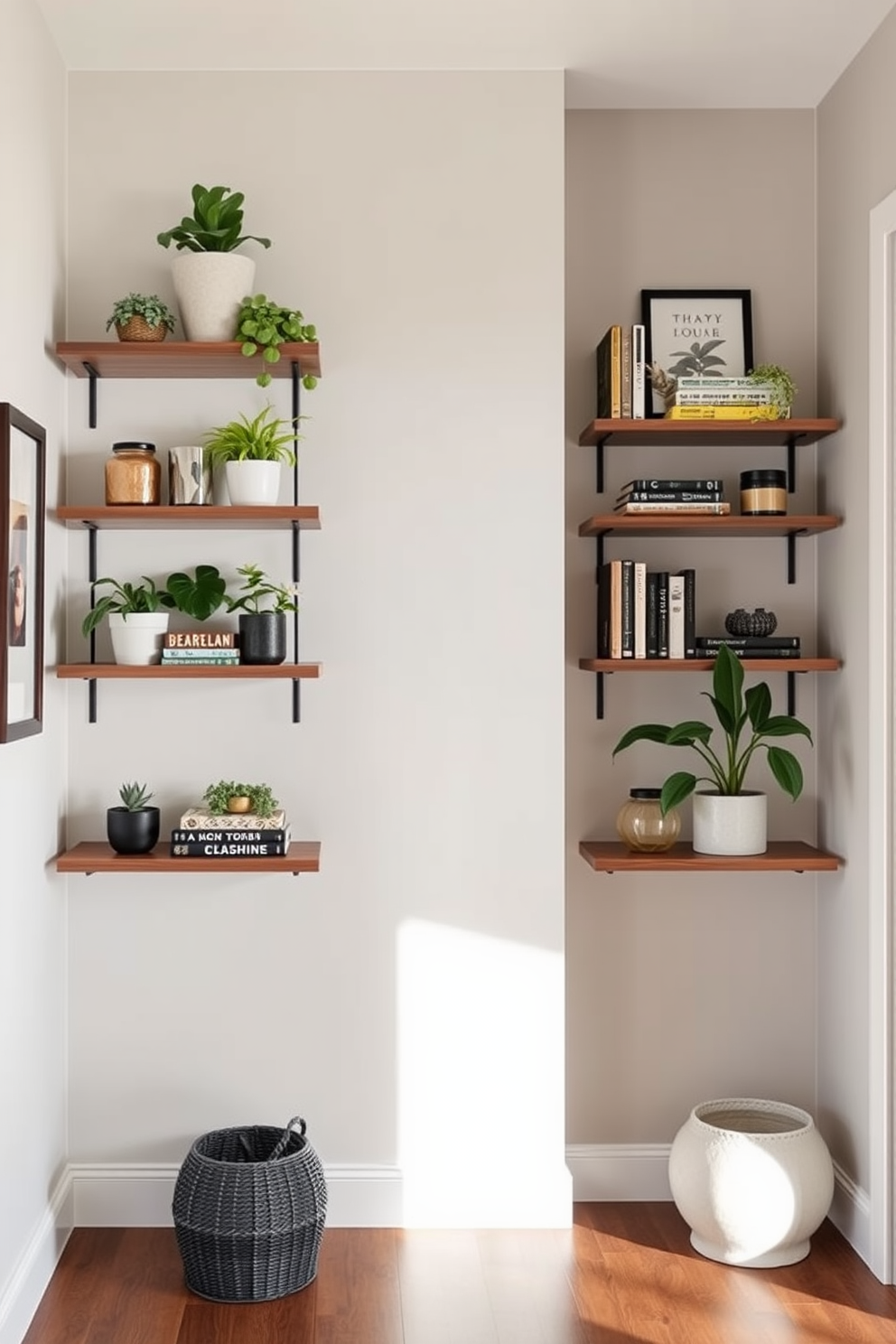 A stylish condo entryway featuring floating shelves on the walls for decor display. The shelves are adorned with a mix of plants, books, and decorative objects, creating an inviting atmosphere.