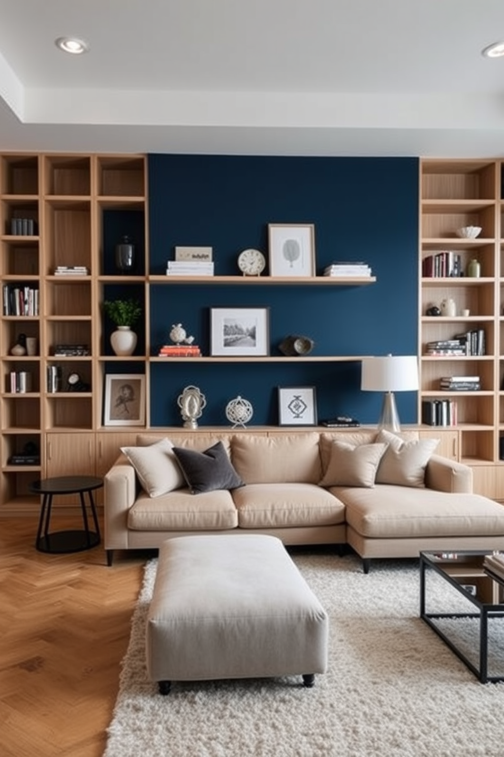 Open shelving units line the walls of the condo living room, showcasing a curated collection of decorative items and books. The shelves are made of light wood, contrasting beautifully with the deep blue accent wall behind them. A plush sectional sofa in a neutral tone is positioned in front of the shelves, creating a cozy seating area. A large area rug in soft textures anchors the space, while a stylish coffee table adds a touch of elegance.