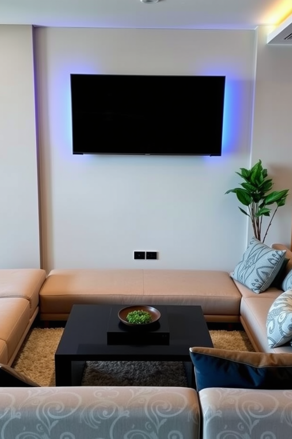 A modern condo living room featuring a wall-mounted TV to maximize floor space. The seating arrangement includes a sleek sectional sofa in a neutral color, paired with a stylish coffee table and decorative cushions.