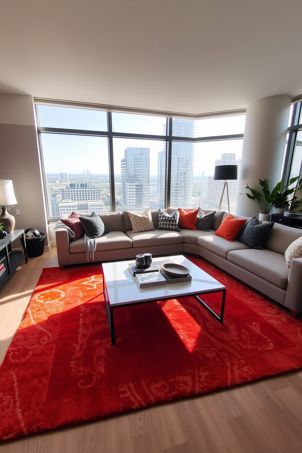 A bright area rug anchors the seating area, adding a pop of color and warmth to the space. Surrounding the rug, a cozy sectional sofa is adorned with an array of textured cushions for comfort and style. A sleek coffee table sits at the center, topped with a few art books and a decorative tray. Large windows allow natural light to flood in, enhancing the inviting atmosphere of the condo living room.