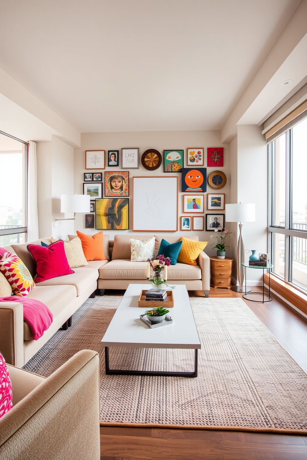 A contemporary condo living room featuring large windows dressed with soft, flowing curtains that gently frame the views outside. The space includes a plush sectional sofa in a neutral tone, accented by vibrant throw pillows and a sleek coffee table at the center, creating an inviting atmosphere. The walls are painted in a light gray hue, enhancing the natural light that floods the room. A stylish area rug anchors the seating area, while modern artwork adorns the walls, adding personality and warmth to the space.