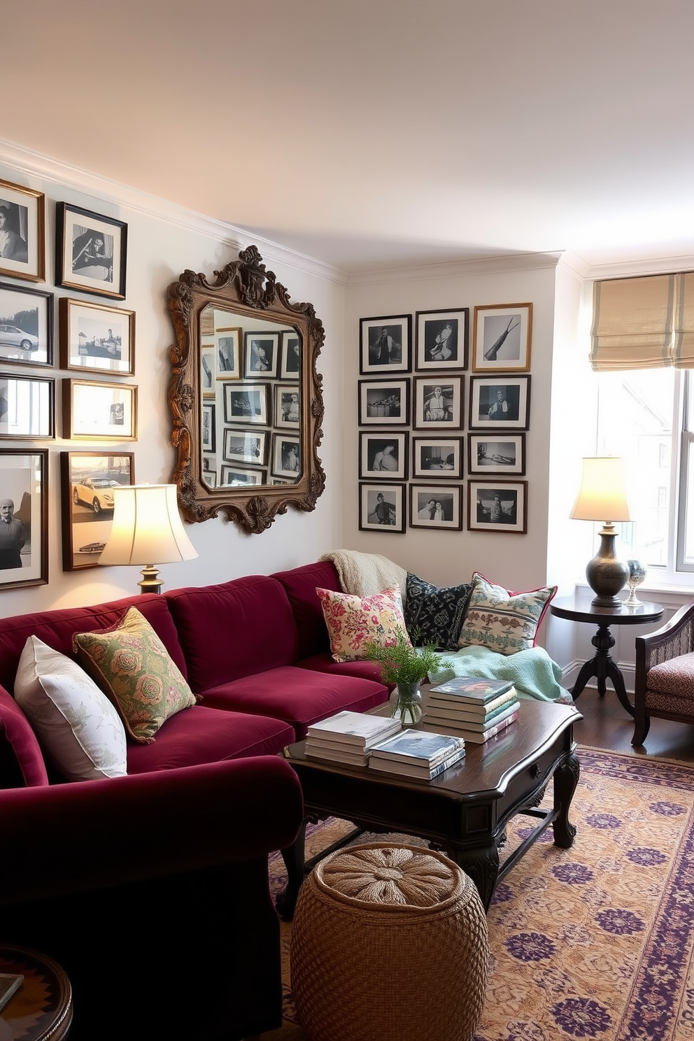 A cozy condo living room filled with vintage decor pieces that add character. A plush velvet sofa in deep burgundy is paired with an antique wooden coffee table adorned with a collection of art books and a vintage lamp. On the walls, framed black and white photographs are arranged in a gallery style, complemented by a large ornate mirror that reflects the warm light from a nearby window. A patterned area rug anchors the space, while a mix of colorful throw pillows adds a touch of whimsy to the overall design.