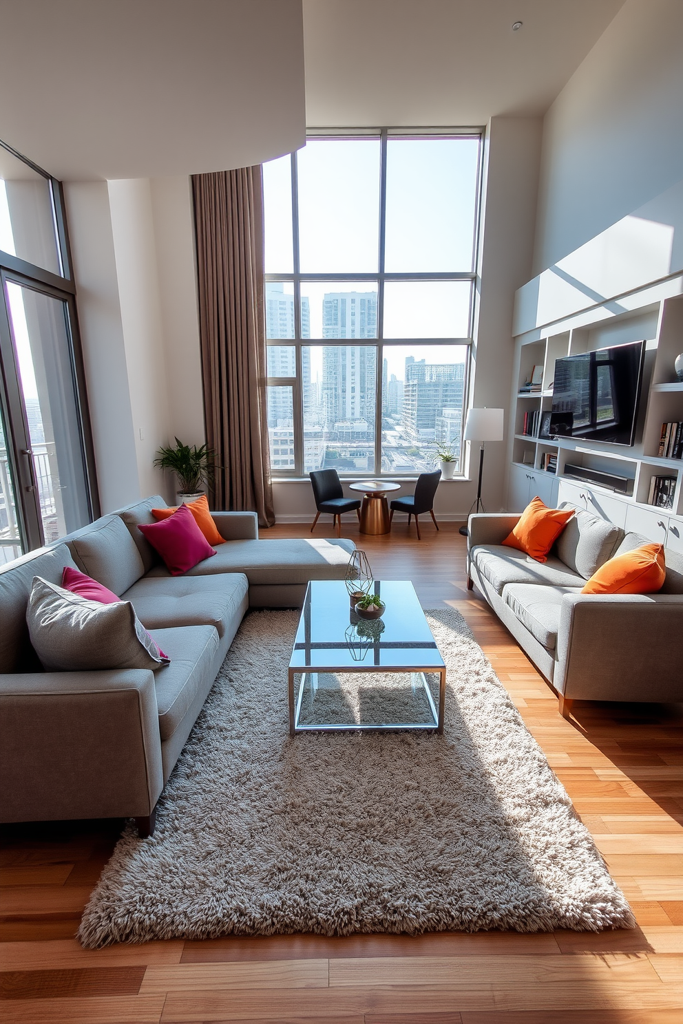 An inviting condo living room features a spacious L-shaped sofa upholstered in a soft gray fabric, adorned with vibrant throw pillows in various textures. A sleek coffee table made of glass and metal sits in the center, surrounded by a plush area rug that adds warmth to the space. Natural light floods the room through large windows, highlighting the minimalist decor and a stylish floor lamp in the corner. A mounted flat-screen TV is positioned opposite the sofa, complemented by built-in shelves that showcase decorative items and books.