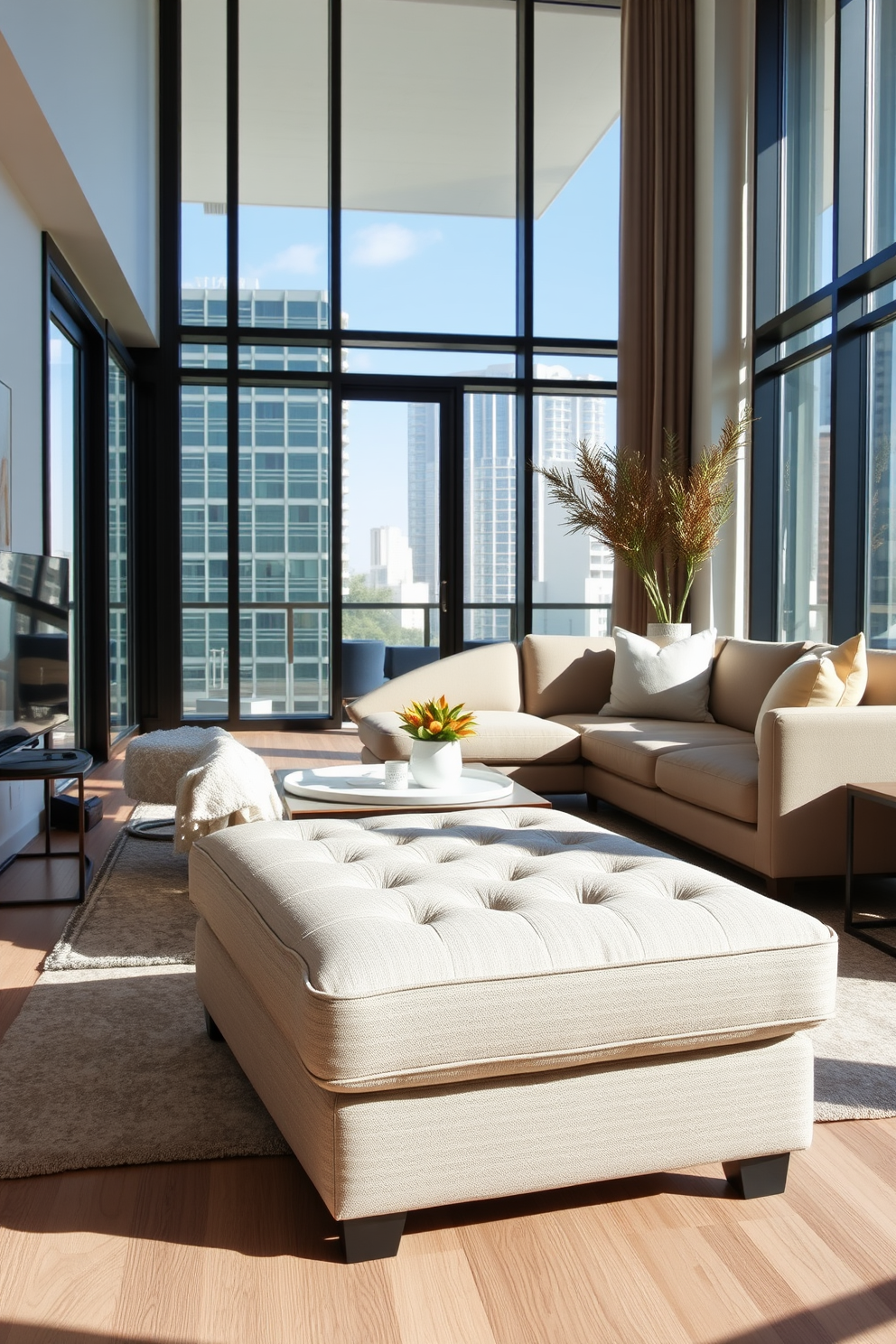 A functional ottoman is placed in the center of a modern condo living room. It features a soft fabric upholstery in a neutral tone and doubles as extra seating when needed. Surrounding the ottoman are a sleek sectional sofa and a minimalist coffee table. Large windows allow natural light to fill the space, highlighting the contemporary decor and warm accents.