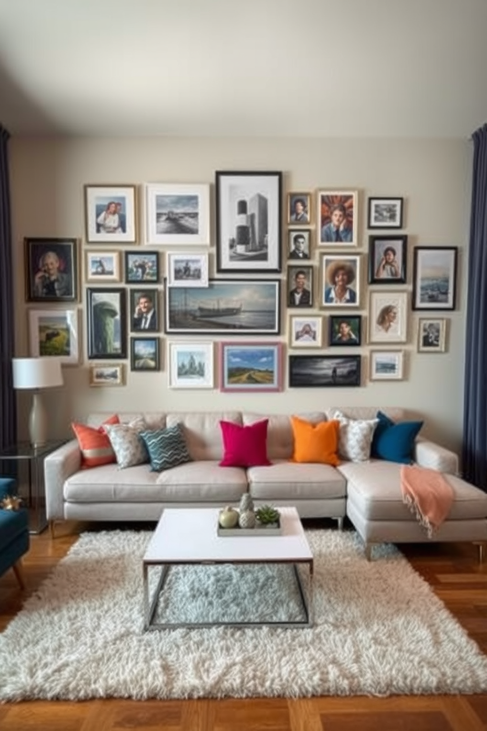 A stylish condo living room featuring a unique light fixture that serves as a focal point. The space is adorned with contemporary furniture, including a plush sectional sofa and a sleek coffee table, creating an inviting atmosphere. The walls are painted in a soft gray tone, complemented by vibrant artwork that adds a pop of color. Large windows allow natural light to flood the room, enhancing the overall warmth and openness of the design.