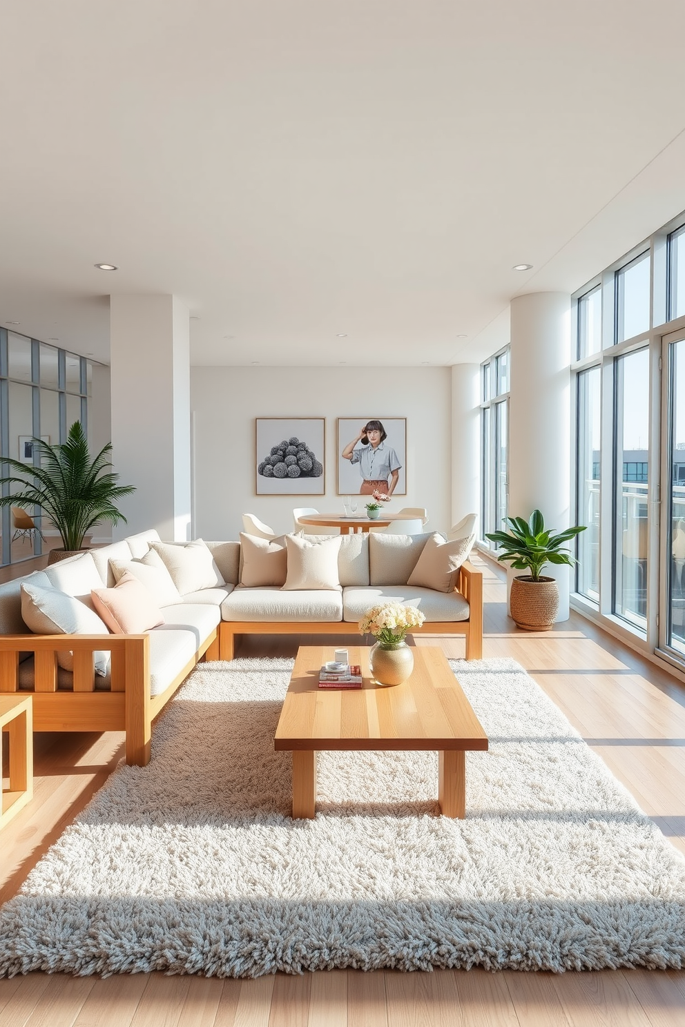 A bright and airy condo living room features light wood furniture that enhances the open space. Large windows allow natural light to flood in, creating a warm and inviting atmosphere. The seating area includes a comfortable light wood sofa adorned with soft pastel cushions. A minimalist coffee table made of the same light wood complements the overall design, while a plush area rug adds texture underfoot.