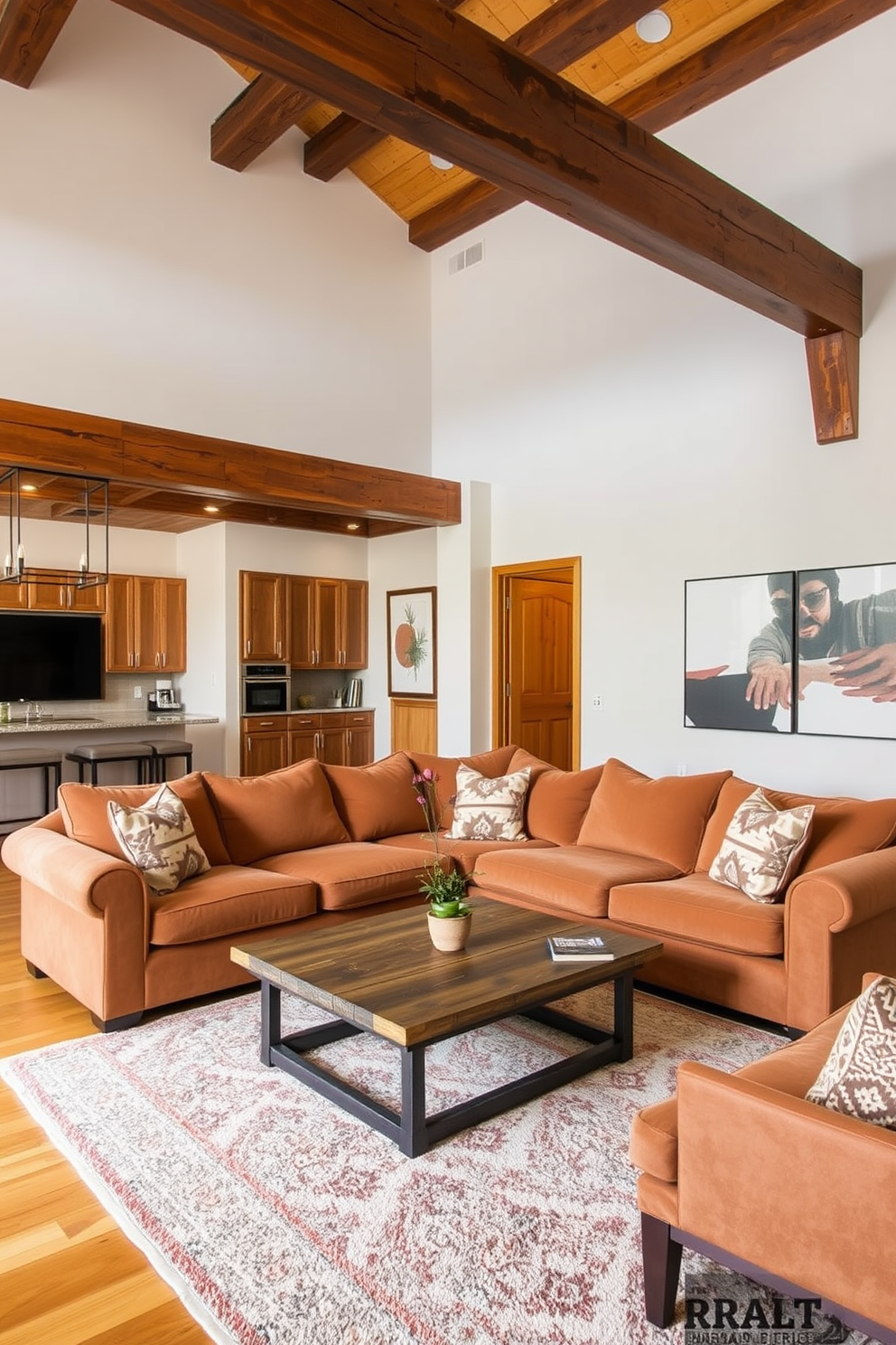 A cozy condo living room featuring rustic wood beams that add warmth and character to the space. The room is adorned with a plush sectional sofa in earthy tones, complemented by a reclaimed wood coffee table and a soft area rug that ties the design together.