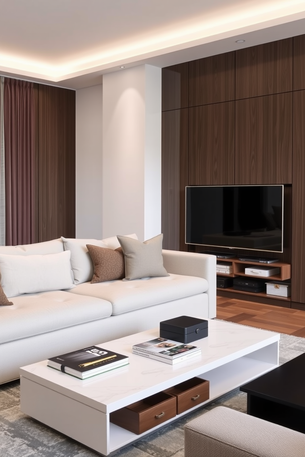 A modern condo living room featuring smart storage solutions integrated under a sleek sofa and stylish coffee table. The design includes built-in shelves with decorative boxes, maximizing space while maintaining a clean and organized aesthetic.