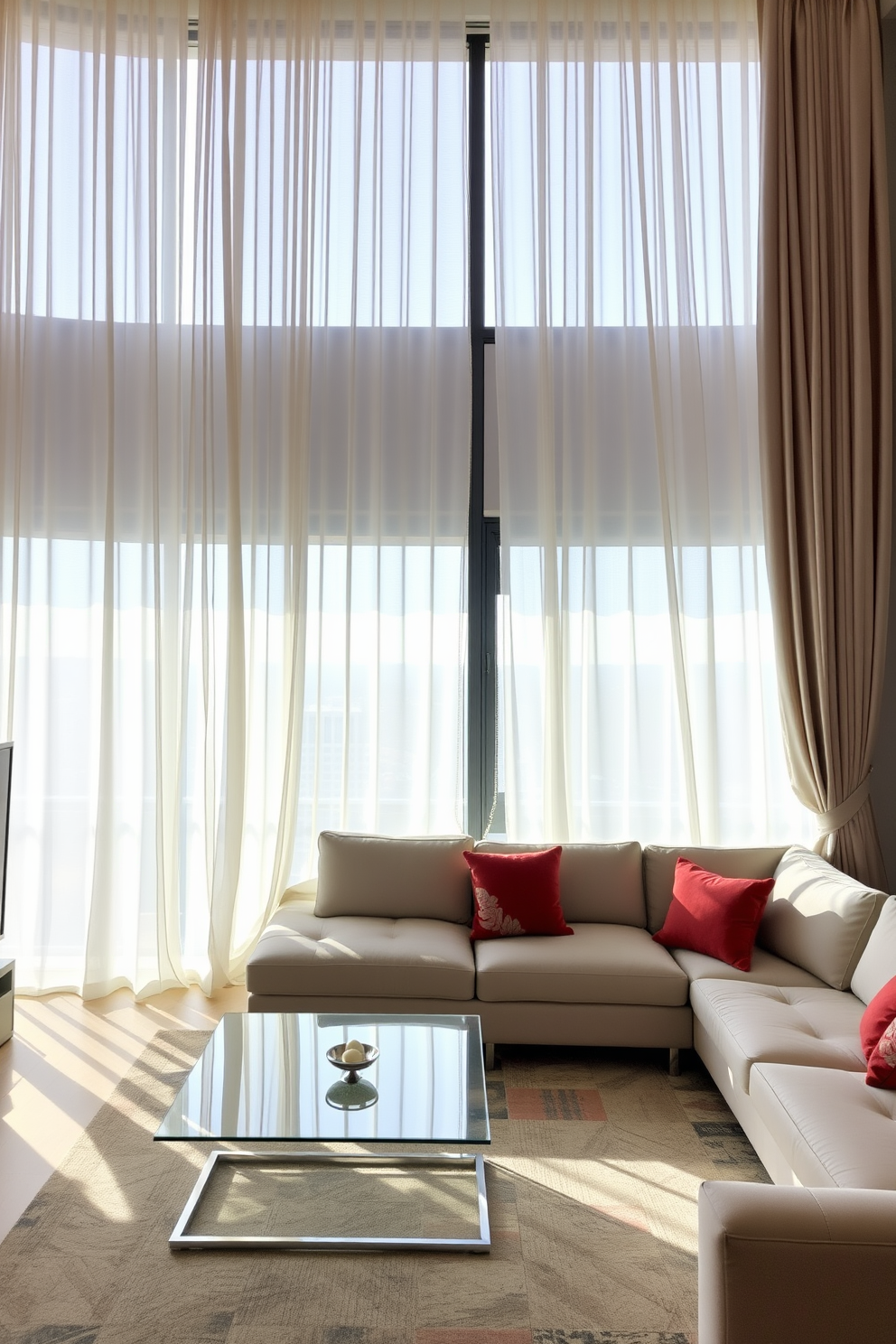 A modern condo living room featuring large windows draped with soft, flowing curtains in a light fabric that gently filter natural light. The space is adorned with a plush sectional sofa in a neutral tone, complemented by vibrant throw pillows and a sleek coffee table made of glass and metal.