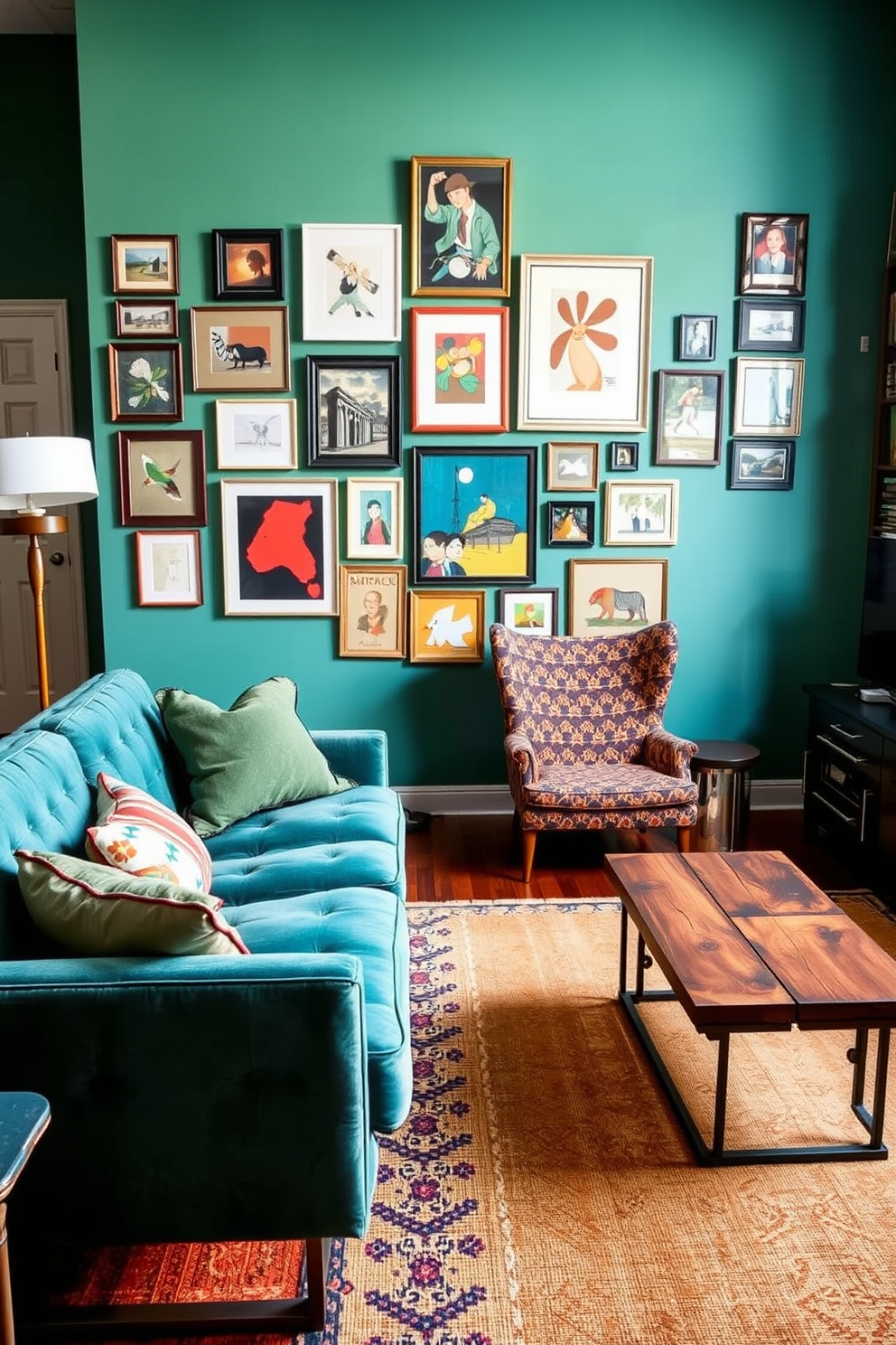 An eclectic living room featuring a bold combination of vintage and modern furniture pieces. A plush mid-century sofa in a vibrant teal is paired with an industrial coffee table made of reclaimed wood and metal. On one side of the room, a retro armchair with a colorful geometric pattern complements a contemporary floor lamp with a sleek design. The walls are adorned with an assortment of framed artwork, creating a gallery wall that adds personality and charm to the space.