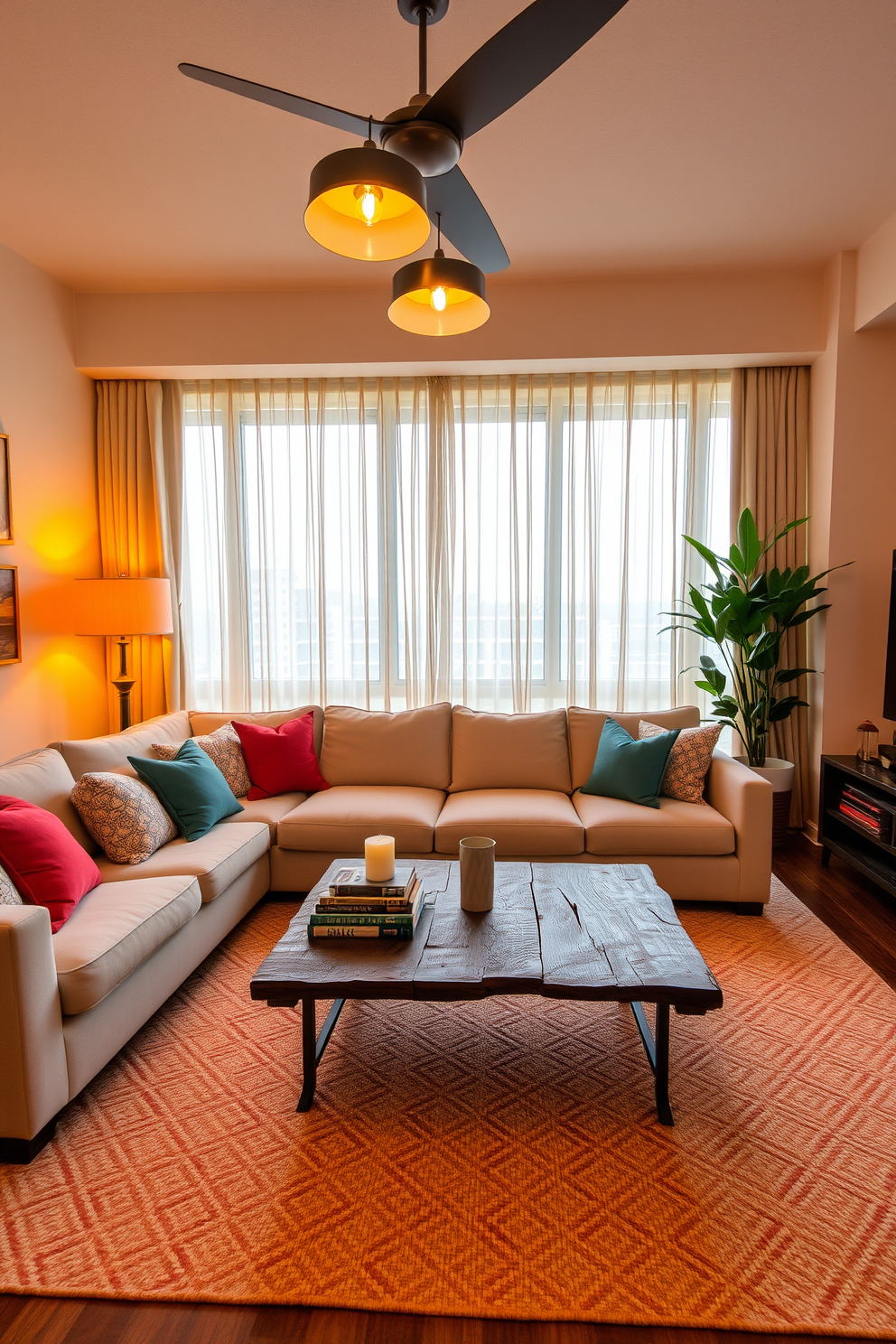 A cozy condo living room featuring warm lighting fixtures that create an inviting atmosphere. The space includes a plush sectional sofa in soft beige, accented with colorful throw pillows and a stylish area rug underfoot. A coffee table made of reclaimed wood sits at the center, adorned with a few decorative books and a scented candle. Large windows draped with sheer curtains allow natural light to filter in, enhancing the warm ambiance of the room.