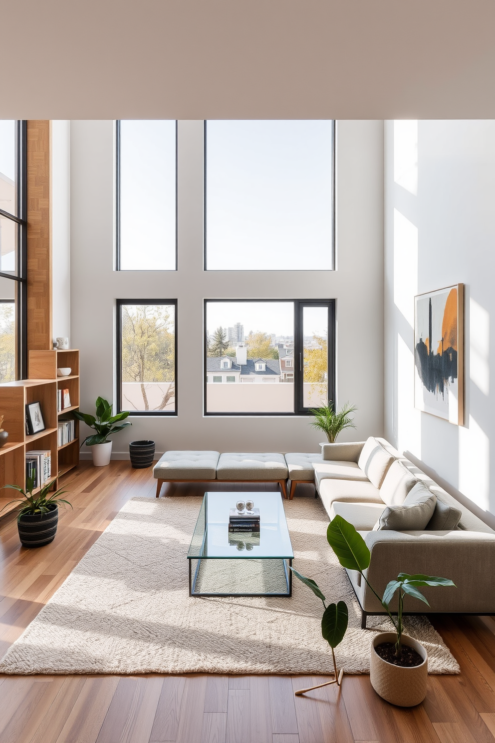 A sleek modern living room features a low-profile sectional sofa in a neutral tone paired with a glass coffee table. The space is accented by a minimalist bookshelf showcasing curated decor items and a large abstract painting on the wall. Floor-to-ceiling windows allow natural light to flood the room, enhancing the airy atmosphere. A soft area rug defines the seating area, while potted plants add a touch of greenery to the minimalist aesthetic.