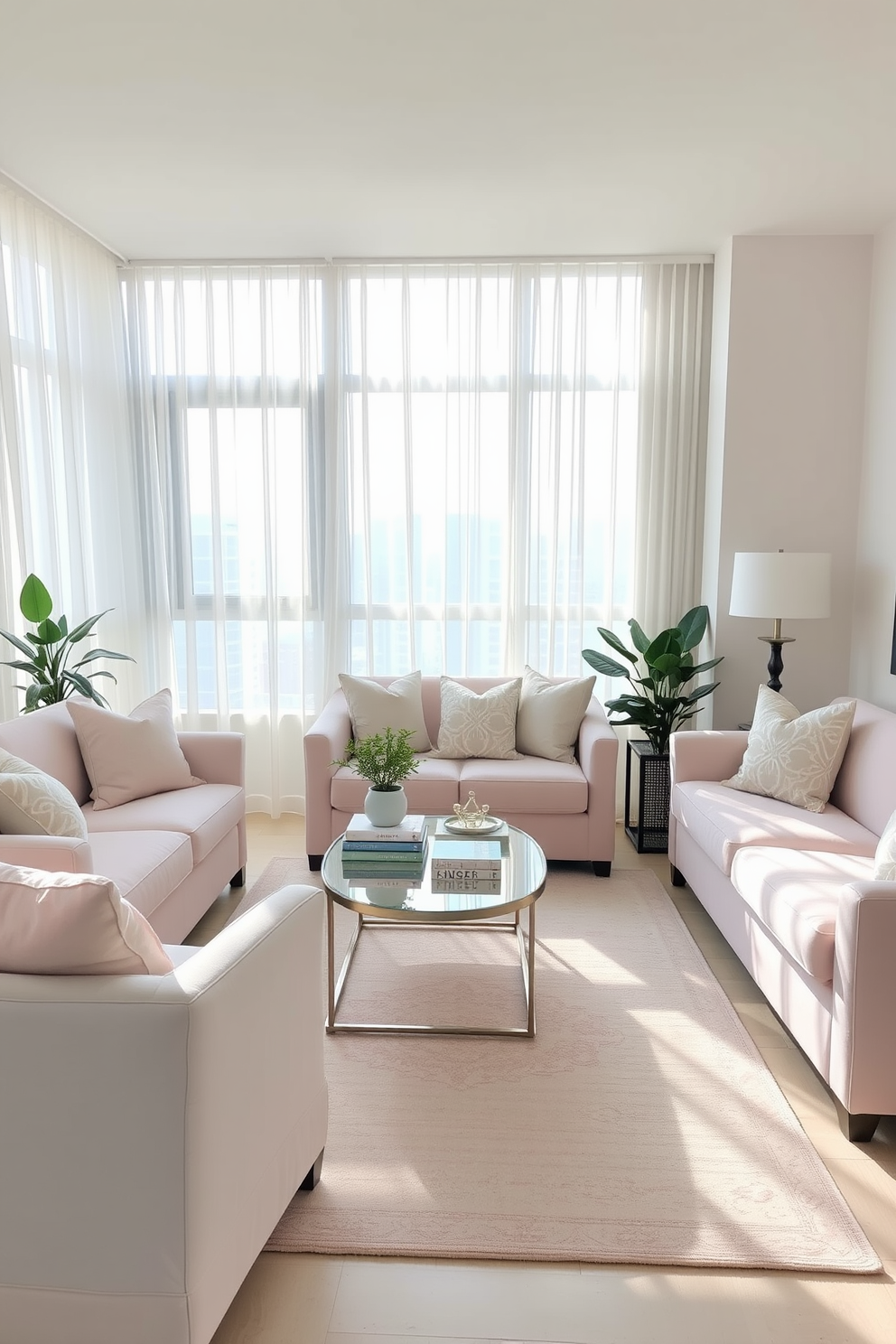 A cozy condo living room featuring soft pastel colors that create a calming atmosphere. Plush furniture in shades of light pink and soft blue is arranged around a central coffee table adorned with decorative books and a small potted plant. Large windows allow natural light to flood the space, highlighting the delicate curtains in a sheer white fabric. A subtle area rug in pastel hues anchors the seating area, providing warmth and comfort underfoot.