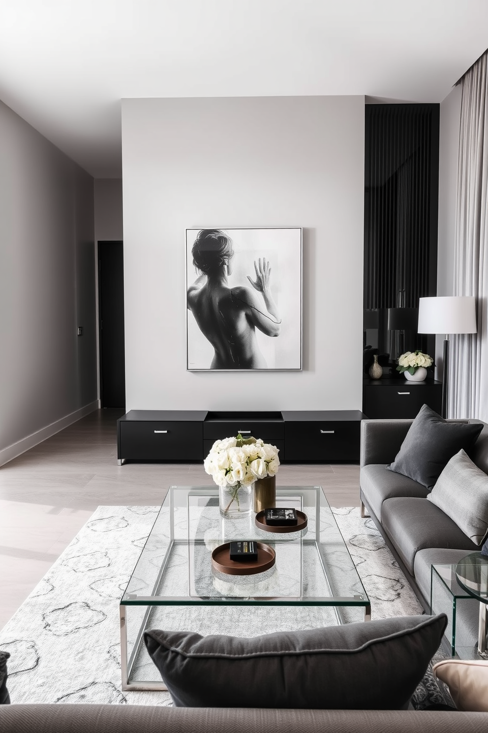 A bright and airy condo living room featuring soft white walls and light hardwood flooring. Large windows allow natural light to flood the space, complemented by sheer drapes that flutter gently in the breeze. The seating area includes a plush light gray sectional sofa adorned with pastel-colored throw pillows. A sleek white coffee table sits at the center, surrounded by a few modern accent chairs in soft beige tones.