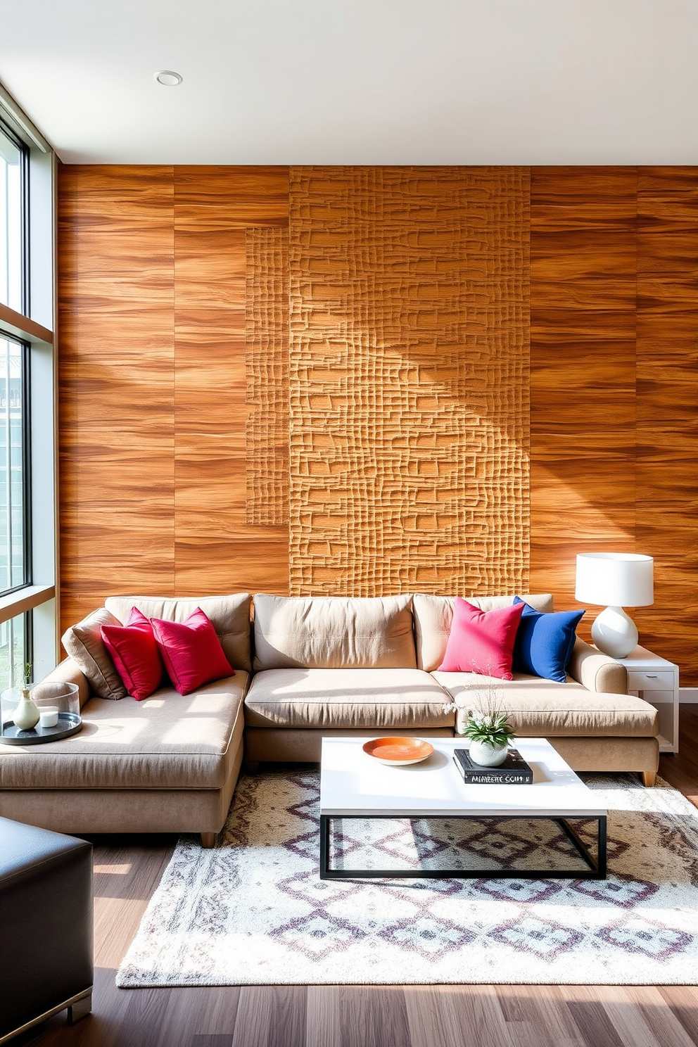 Textured wall paneling creates a striking focal point in the condo living room. The space features a plush sectional sofa in a neutral tone, complemented by vibrant throw pillows and a sleek coffee table. Large windows allow natural light to flood the room, enhancing the warm wood tones of the paneling. A stylish area rug anchors the seating arrangement, adding comfort and style to the overall design.