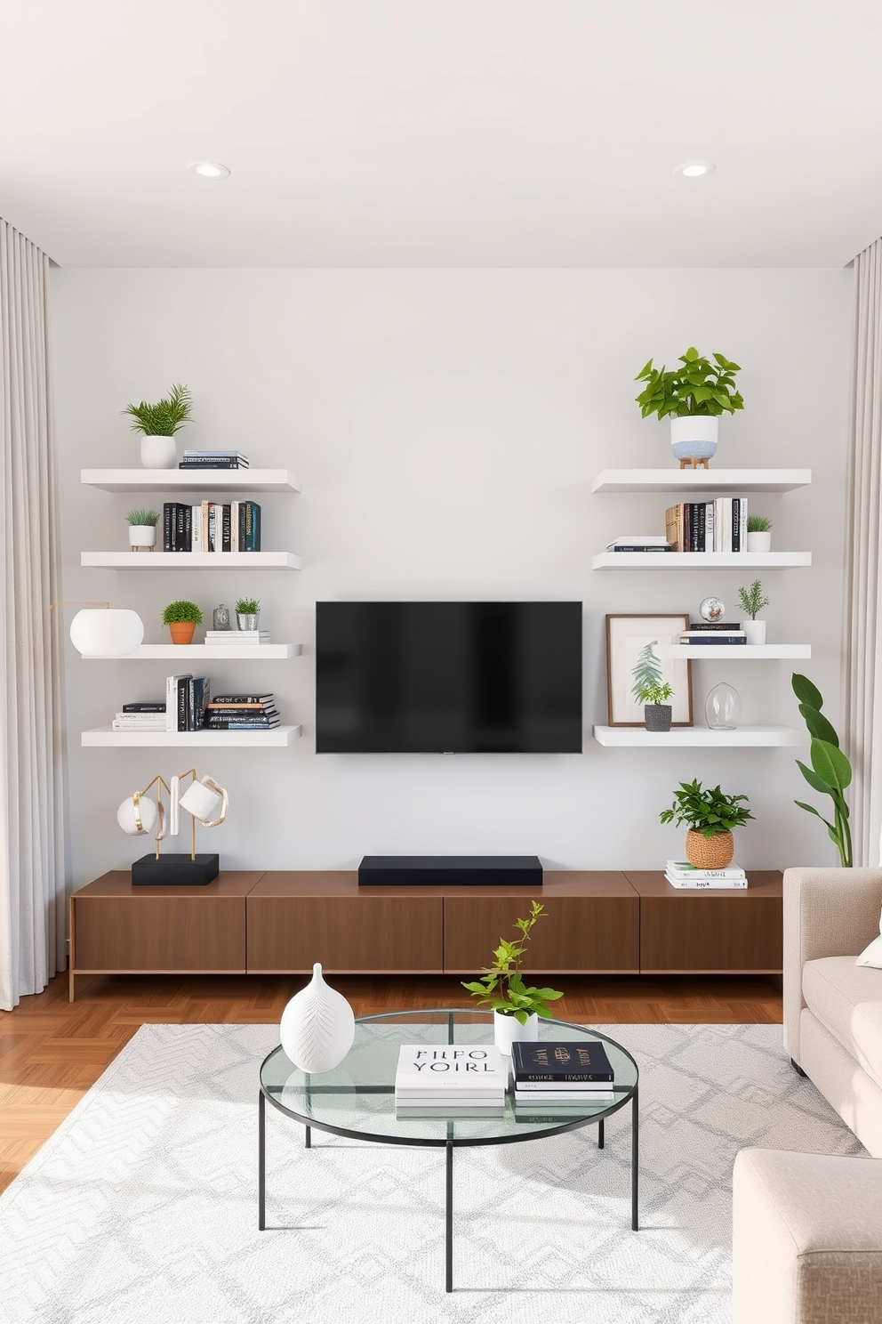 A modern condo living room featuring floating shelves that provide stylish storage solutions. The shelves are adorned with a mix of books, decorative items, and plants, creating an inviting and organized atmosphere.