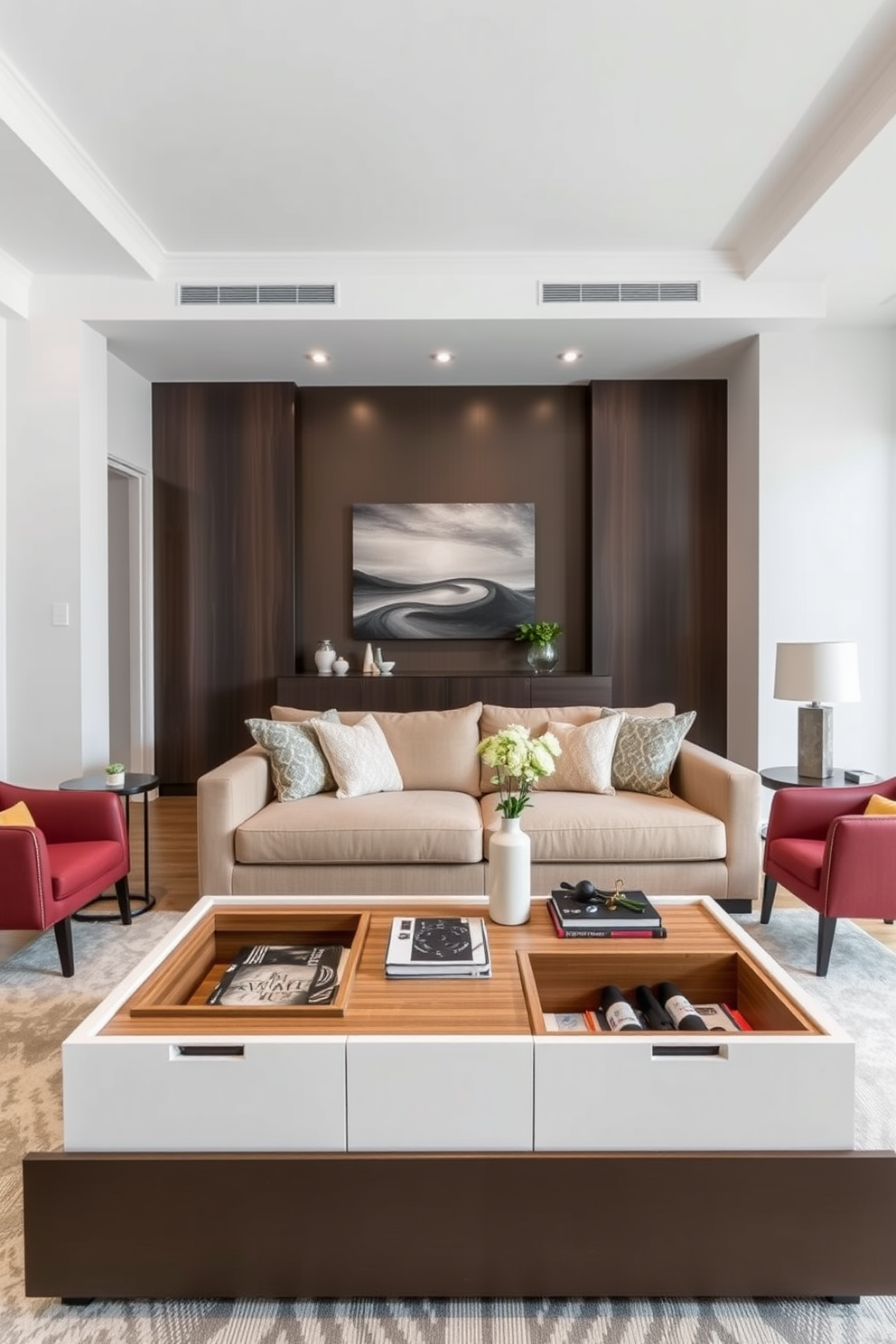 A stylish multi-functional coffee table with built-in storage sits at the center of a contemporary condo living room. Surrounding the table are a plush sectional sofa in a neutral tone and a pair of modern accent chairs, creating an inviting space for relaxation and entertainment.