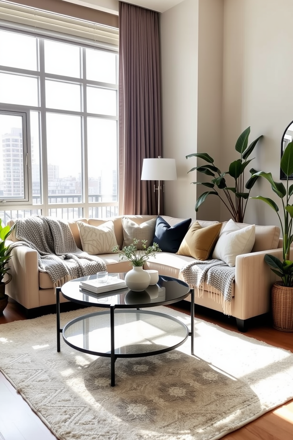 A cozy condo living room featuring a plush sofa adorned with textured throw blankets in various shades of gray and cream. Large windows allow natural light to fill the space, highlighting a stylish coffee table and a soft area rug beneath. The walls are painted in a soft neutral tone, creating a warm and inviting atmosphere. Accent pillows in complementary colors add a touch of personality to the sofa, while potted plants bring a refreshing element to the design.