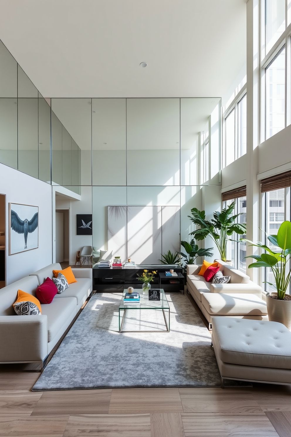 A spacious condo living room featuring large floor-to-ceiling mirrors that reflect natural light and create an illusion of depth. The room is designed with a sleek sectional sofa in a neutral color, complemented by vibrant throw pillows and a stylish coffee table at the center. The walls are adorned with contemporary artwork, while a cozy area rug anchors the seating arrangement. Large windows allow for ample sunlight, and potted plants add a touch of greenery to the modern aesthetic.