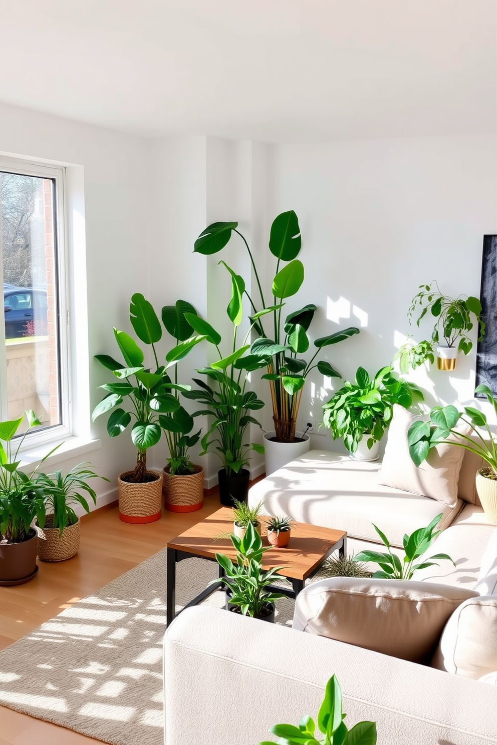 A bright and airy condo living room filled with various indoor plants that bring a touch of nature indoors. The space features a comfortable sectional sofa in neutral tones, complemented by a wooden coffee table and a large window allowing natural light to flood the room. Lush green plants are strategically placed around the room, including a tall fiddle leaf fig in the corner and smaller succulents on the coffee table. The walls are painted in a soft white shade, enhancing the freshness of the indoor greenery and creating a serene atmosphere.