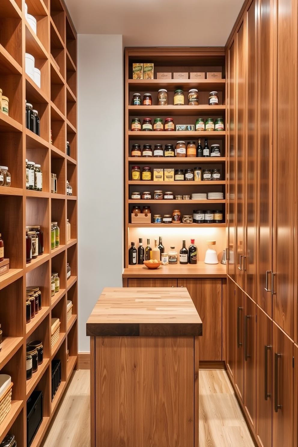 Open shelving units line the walls of the pantry, providing easy access to frequently used items. The shelves are filled with neatly organized jars, spices, and cooking essentials, creating a visually appealing and functional space. A small island in the center offers additional storage and workspace, with a butcher block top for food preparation. Soft, ambient lighting highlights the natural wood finishes and creates a warm, inviting atmosphere.