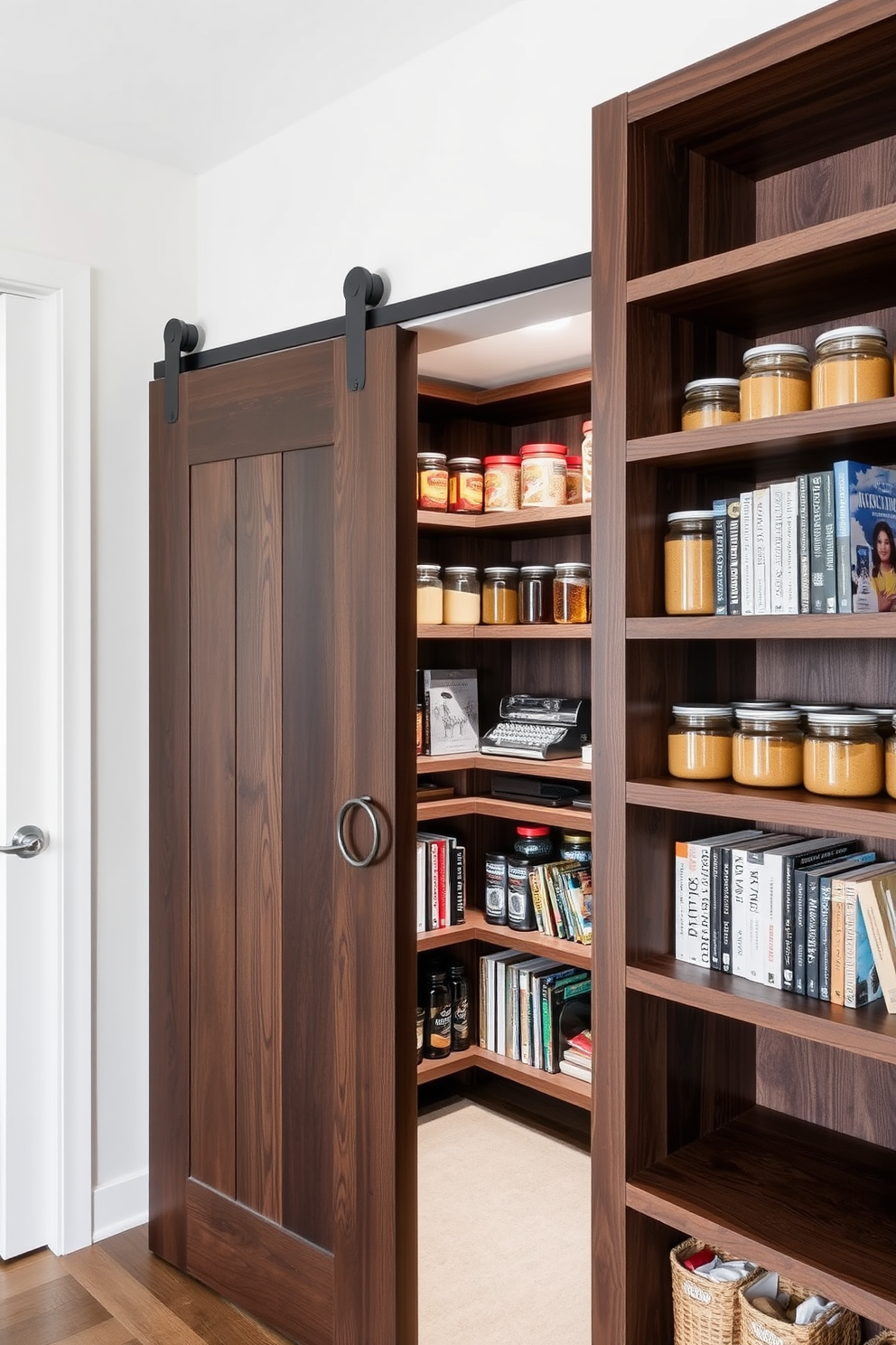 A modern condo pantry featuring a sliding barn door entrance. The pantry is designed with open shelving made of reclaimed wood, showcasing neatly organized jars and cookbooks.