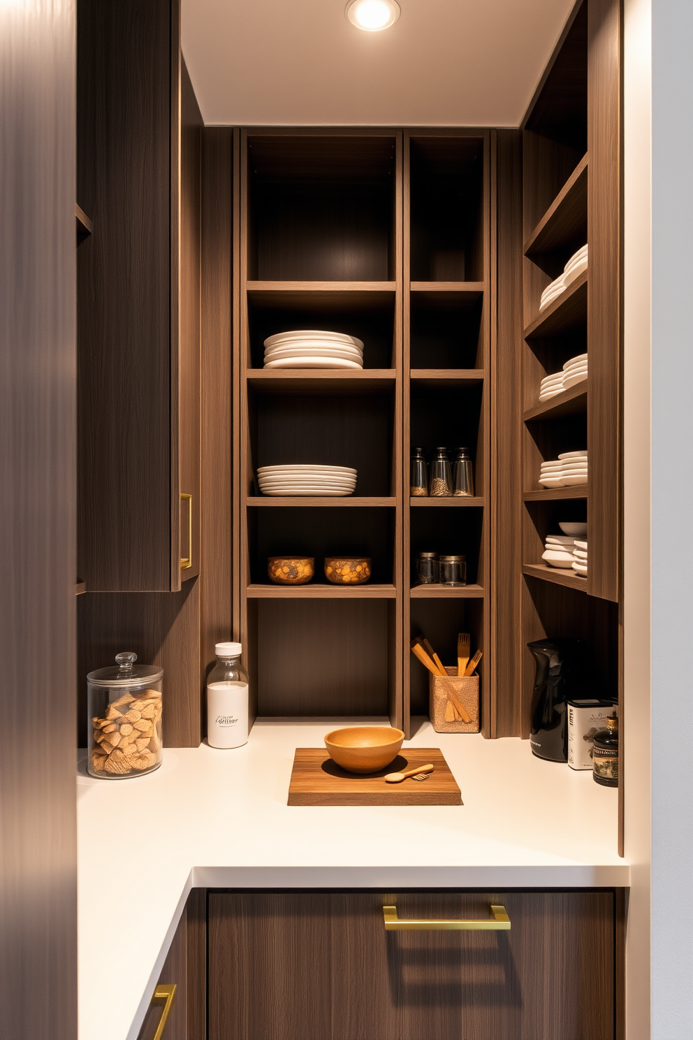 A stylish condo pantry featuring sleek cabinetry with a combination of open shelves and closed storage. The countertop is designed for prep work, complementing the modern aesthetic with a light-colored finish and ample space for kitchen essentials.