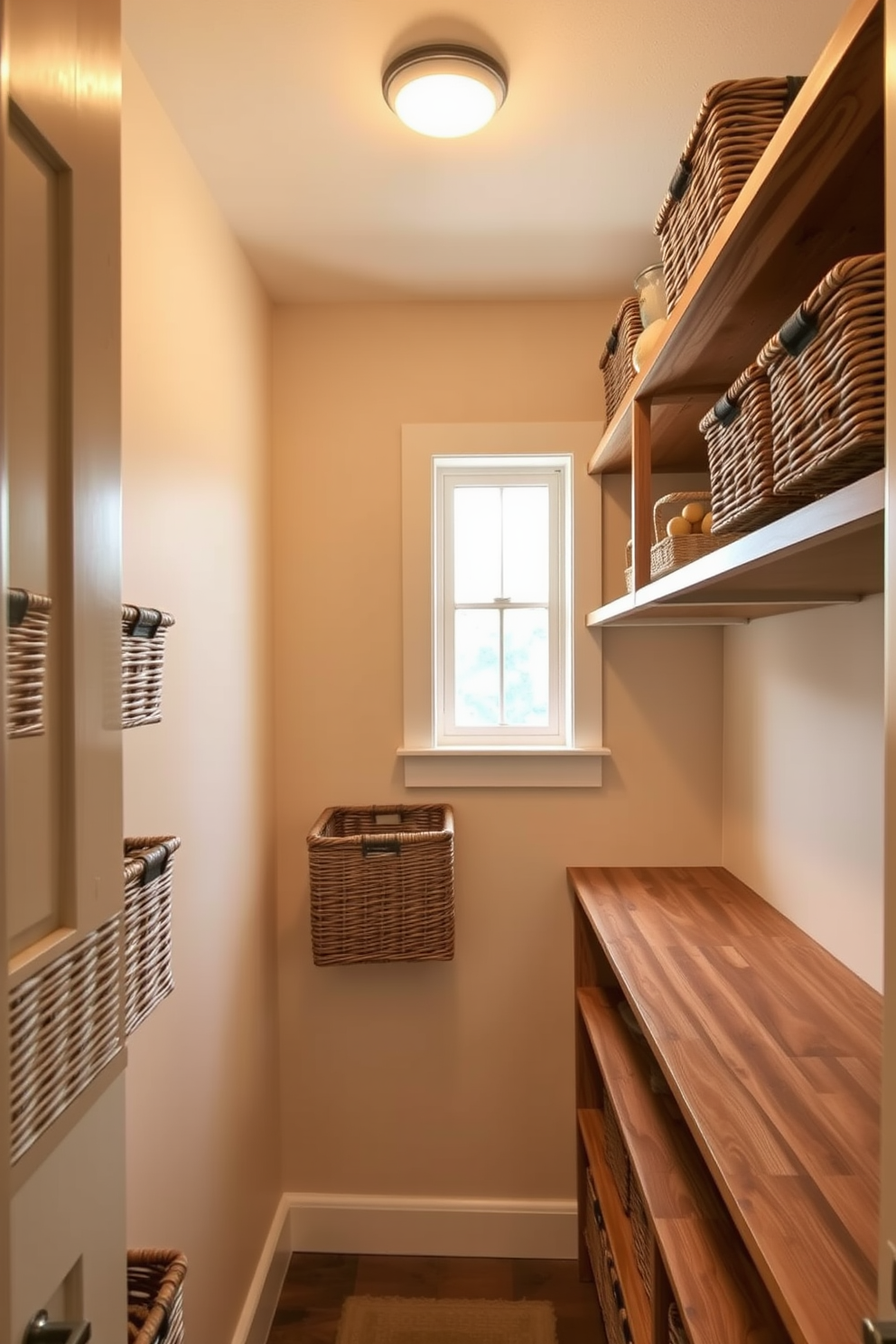 A cozy condo pantry featuring wooden shelves lined with wicker baskets for a rustic touch. The walls are painted in a soft beige hue, and a small window allows natural light to illuminate the space, enhancing the warm atmosphere.