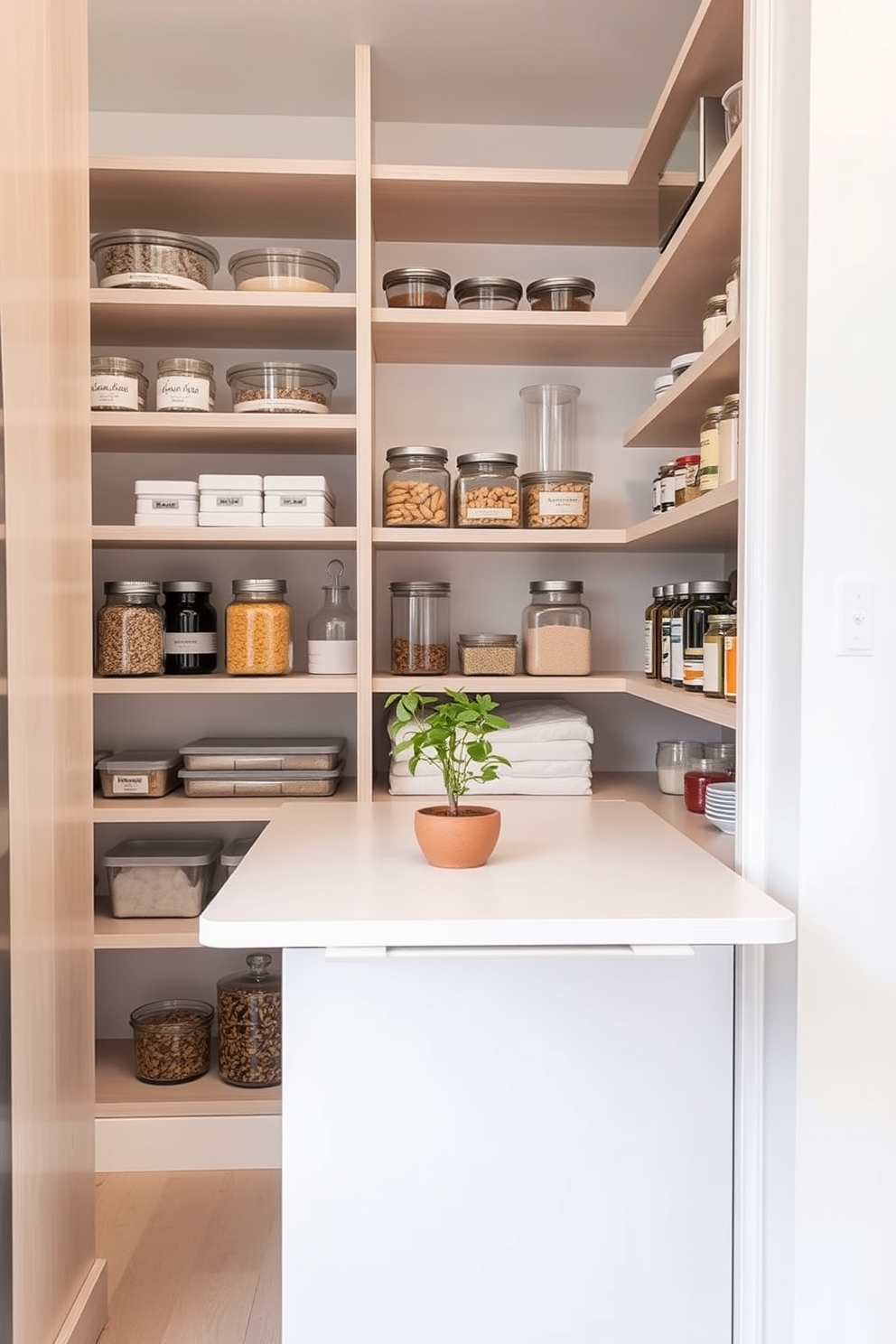 A stylish condo pantry featuring bamboo dividers for drawer organization. The pantry is designed with open shelving and a mix of glass jars and wooden containers for a clean and modern look.