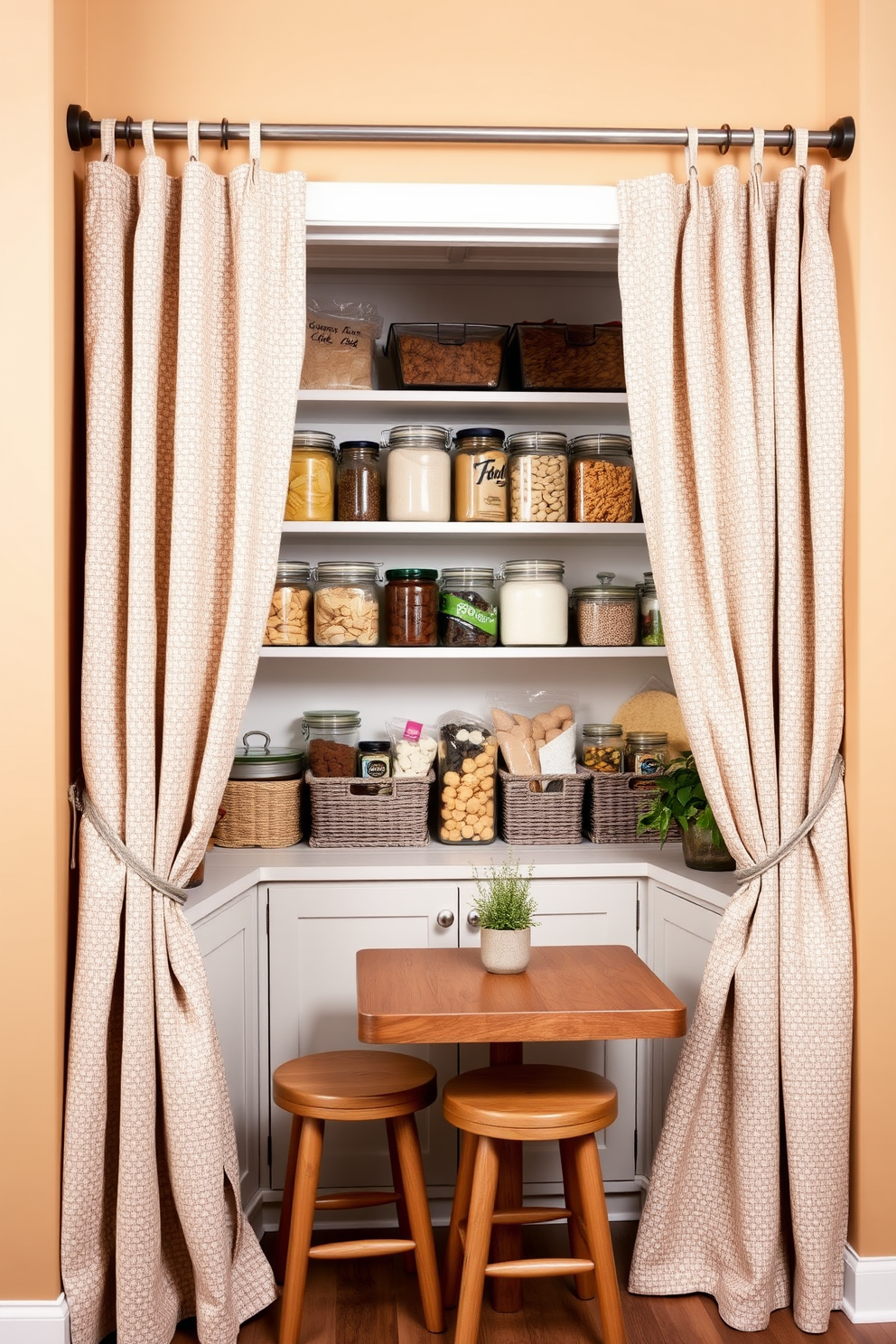 Create a cozy pantry nook with soft fabric curtains that frame the entrance. The shelves are filled with neatly organized jars and baskets, showcasing a variety of dry goods and snacks. Incorporate a small wooden table with two stools for a charming breakfast spot. The walls are painted in a warm, inviting color, and decorative accents like potted herbs add a touch of greenery.