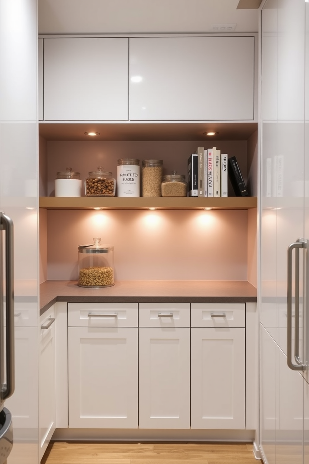 A modern condo pantry featuring built-in cabinets that seamlessly integrate with the surrounding kitchen design. The cabinets are a sleek white with minimalist handles, providing ample storage space while maintaining a clean aesthetic. Open shelving above the countertop showcases decorative jars and cookbooks, adding a personal touch. The pantry is illuminated by warm under-cabinet lighting, creating a cozy atmosphere perfect for meal prep.