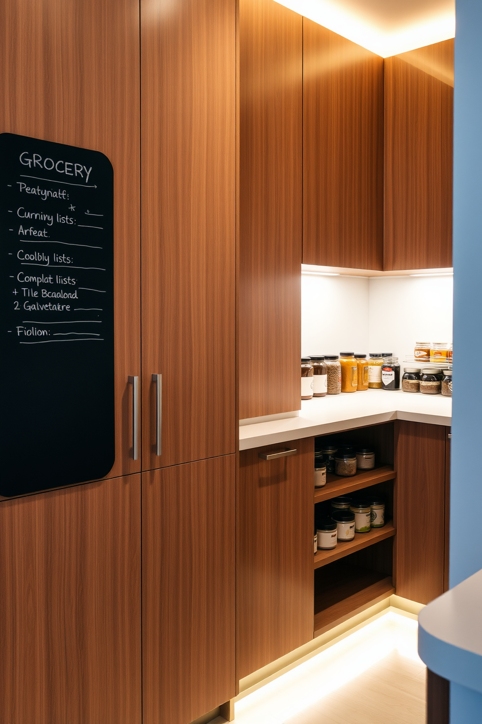 A modern condo pantry featuring sleek cabinetry in a warm wood finish. A large chalkboard is mounted on the wall for grocery lists, providing an organized and functional touch. The pantry includes open shelving displaying neatly arranged jars and containers. Soft under-cabinet lighting illuminates the space, enhancing the inviting atmosphere.