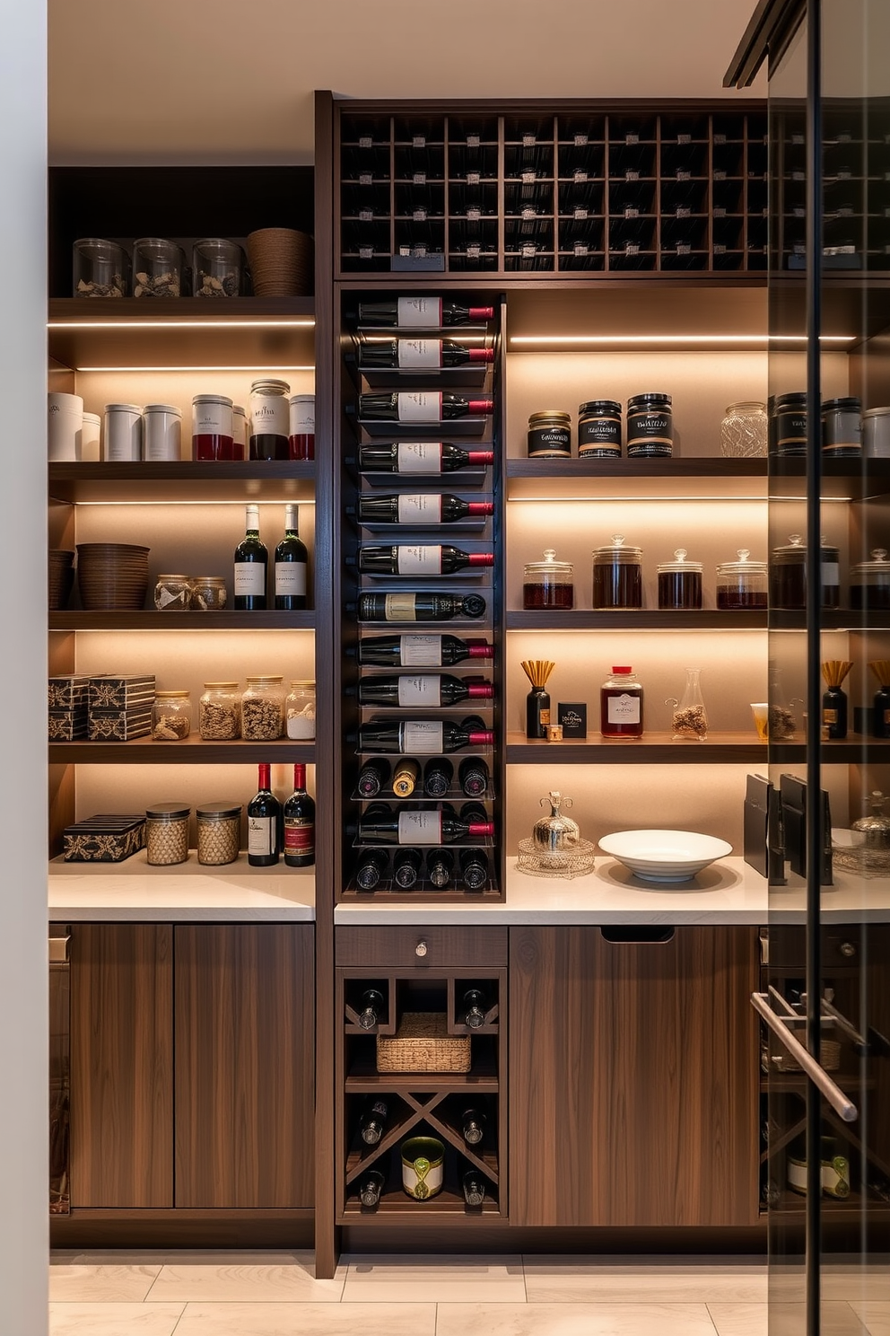 A stylish condo pantry featuring a sleek wine rack made of dark wood, elegantly showcasing an assortment of fine wines. The pantry is designed with open shelving to display artisanal jars and decorative items, complemented by soft ambient lighting for a warm atmosphere.