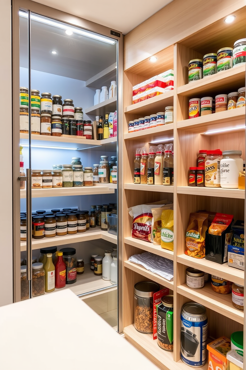 A modern condo pantry featuring tiered shelves that maximize visibility and organization. The shelves are made of light wood and are filled with neatly arranged jars of spices, canned goods, and snacks for easy access. The pantry door is a sleek glass design that allows a glimpse of the organized interior. Soft LED lighting highlights the contents while creating a warm and inviting atmosphere.