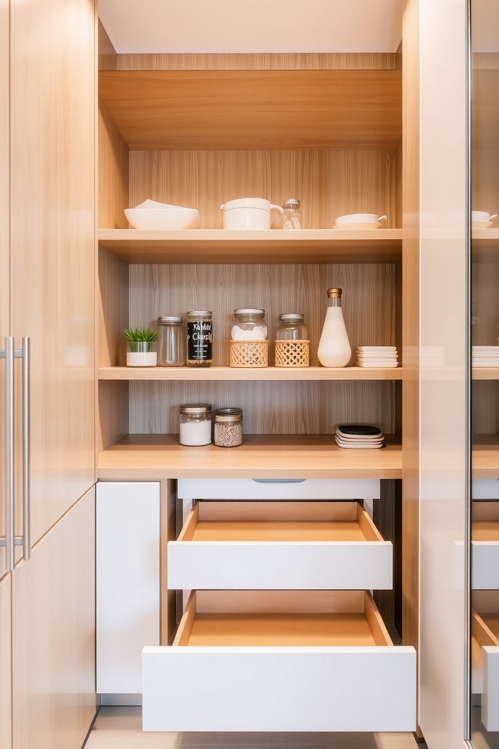 A modern condo pantry featuring pullout drawers for hidden storage. The cabinetry is sleek and minimalist, with a combination of light wood and white finishes to create an airy feel.